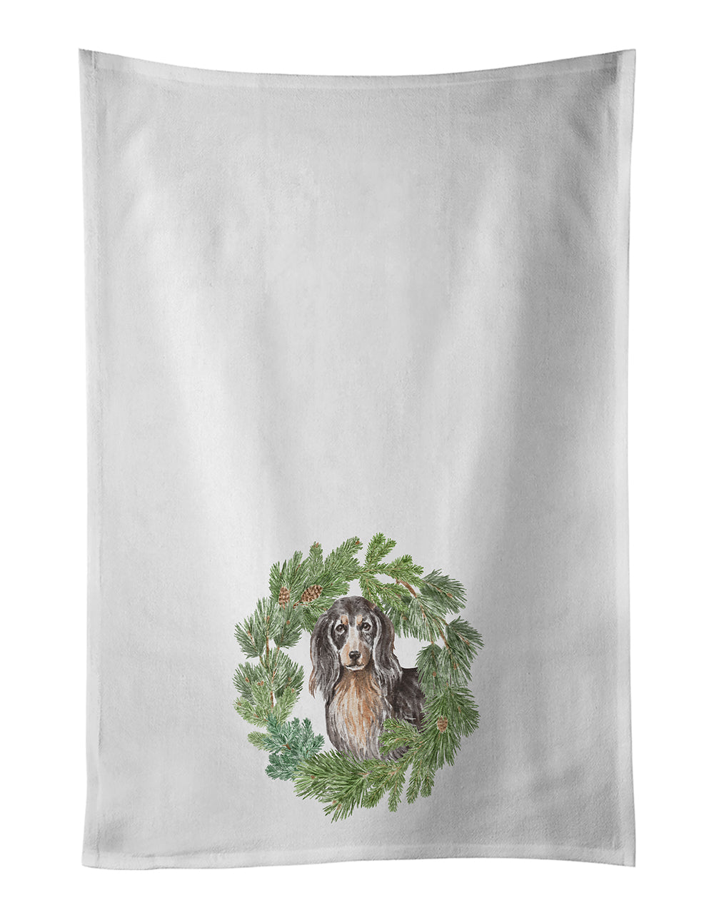 Buy this Dachshund Black and Tan Longhaired  Christmas Wreath White Kitchen Towel Set of 2