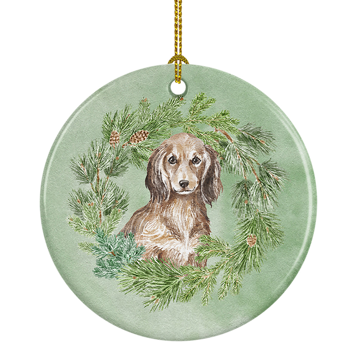 Buy this Dachshund Sable Longhaired Christmas Wreath Ceramic Ornament