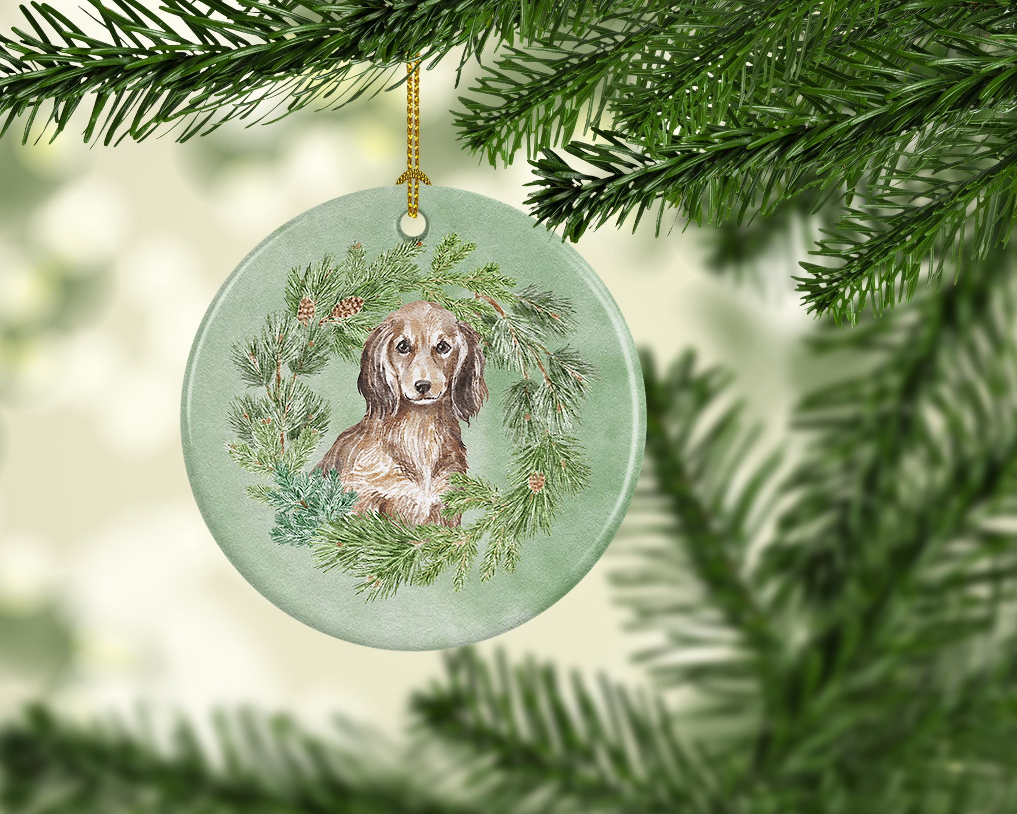 Dachshund Sable Longhaired Christmas Wreath Ceramic Ornament - the-store.com