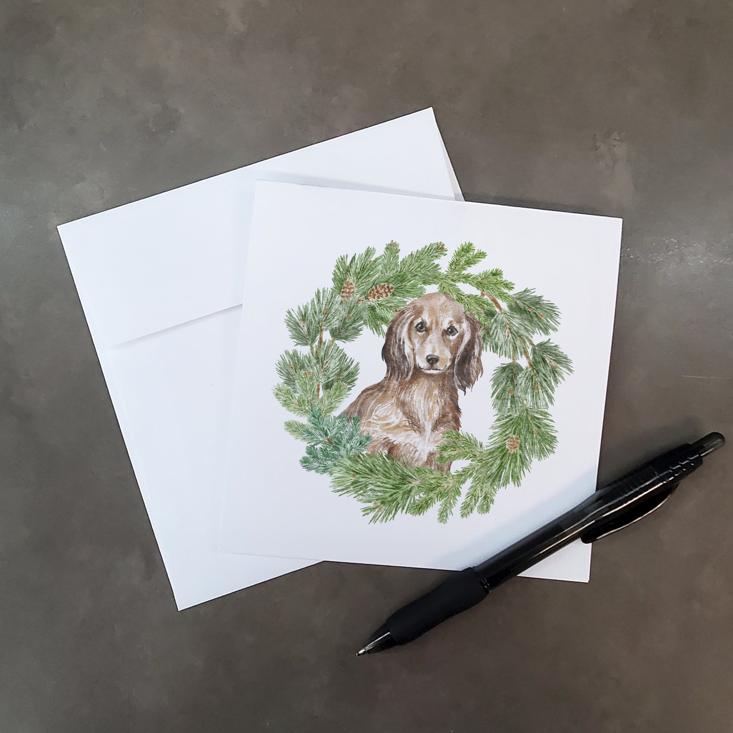 Buy this Dachshund Sable Longhaired with Christmas Wreath Square Greeting Cards and Envelopes Pack of 8