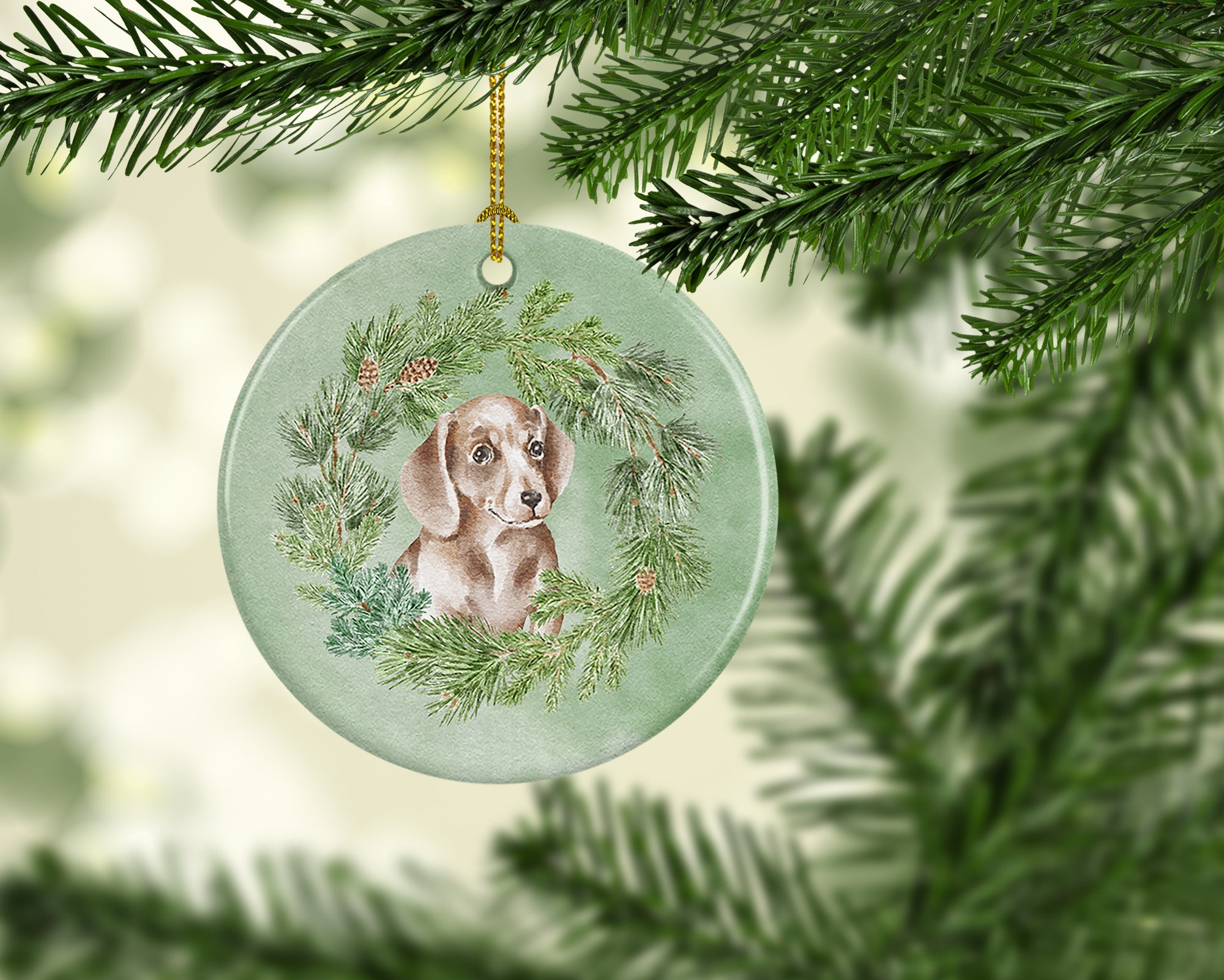 Buy this Dachshund Red Puppy Christmas Wreath Ceramic Ornament