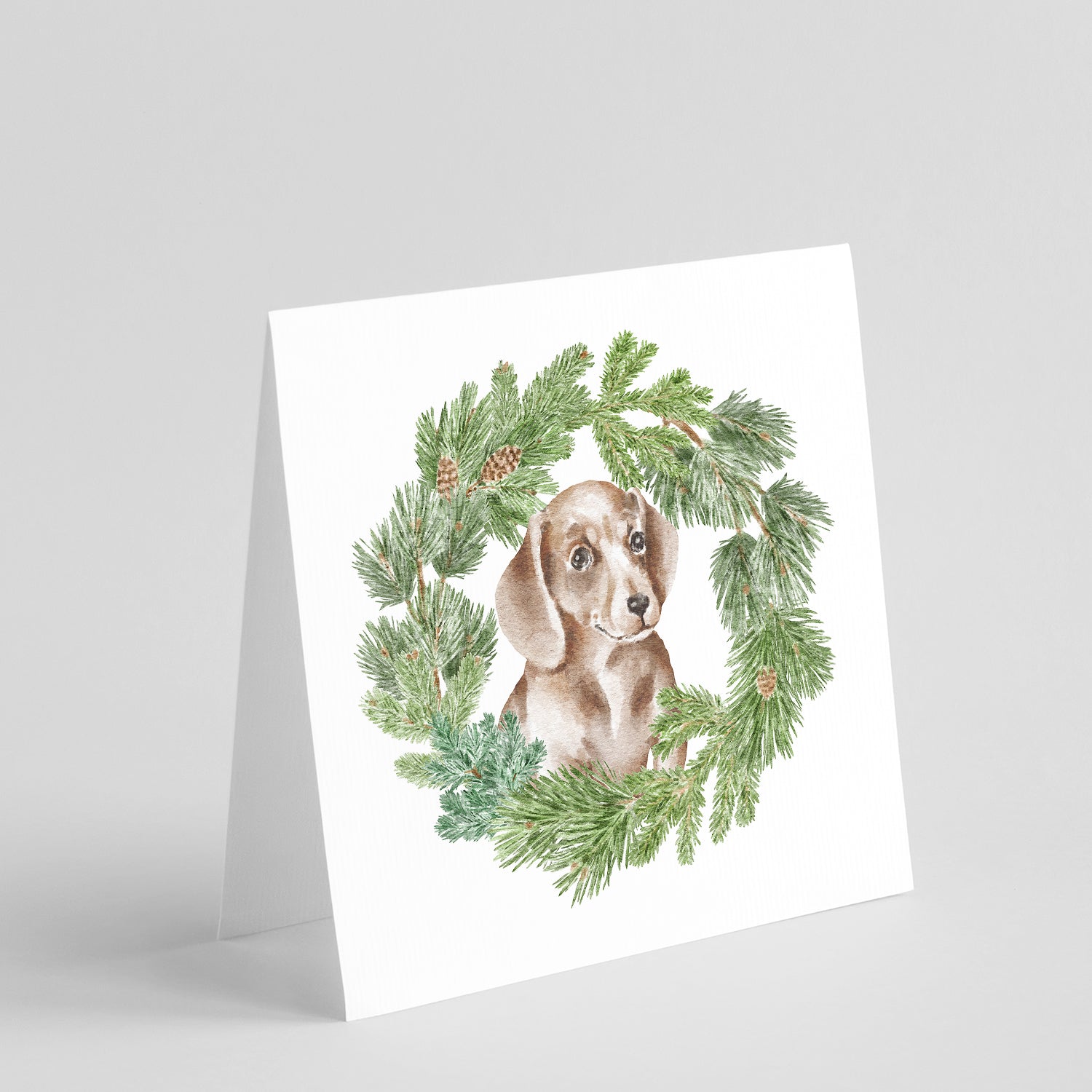 Buy this Dachshund Red Puppy with Christmas Wreath Square Greeting Cards and Envelopes Pack of 8