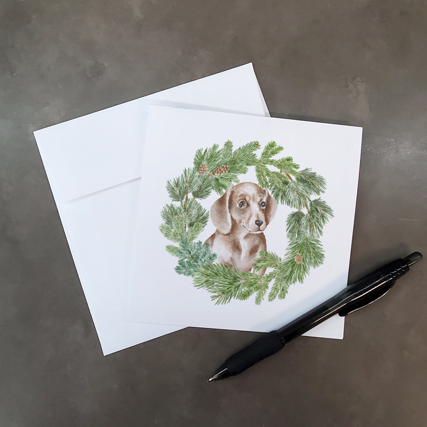 Dachshund Red Puppy with Christmas Wreath Square Greeting Cards and Envelopes Pack of 8 - the-store.com