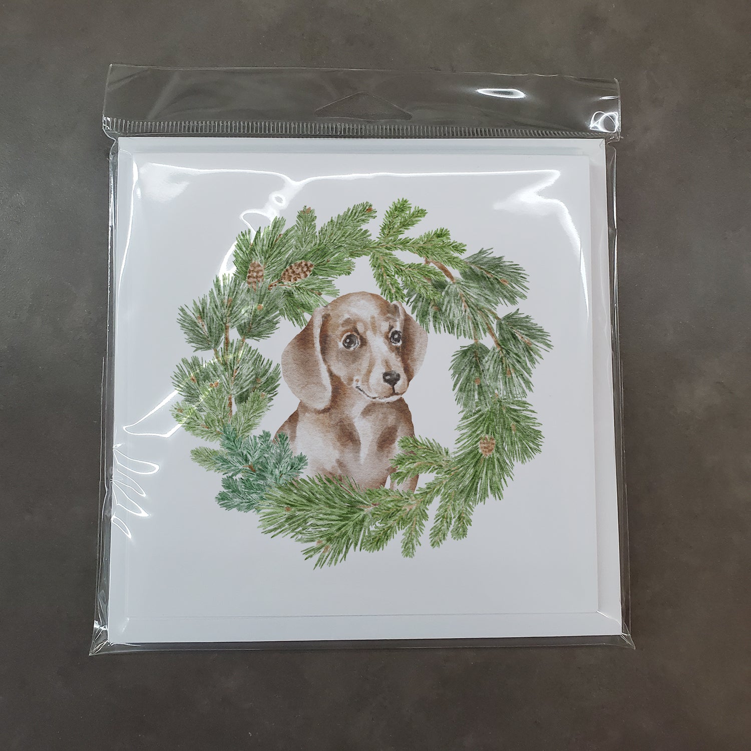 Dachshund Red Puppy with Christmas Wreath Square Greeting Cards and Envelopes Pack of 8 - the-store.com