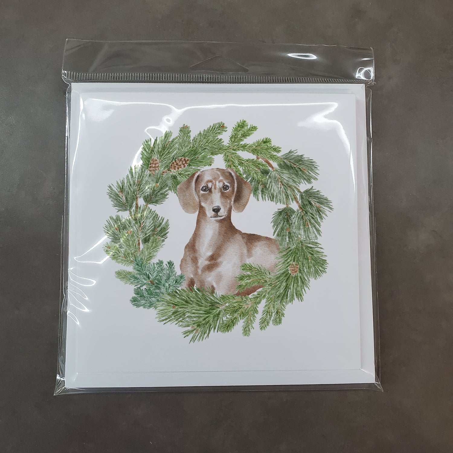 Dachshund Red with Christmas Wreath Square Greeting Cards and Envelopes Pack of 8 - the-store.com