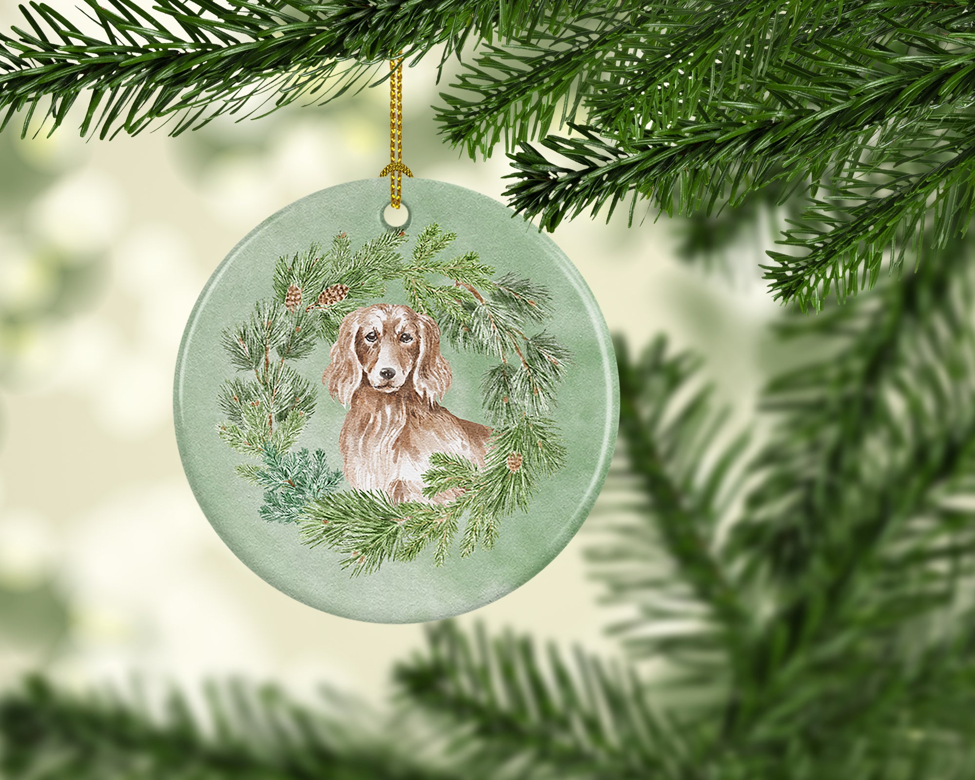 Dachshund Red Longhaired Christmas Wreath Ceramic Ornament - the-store.com