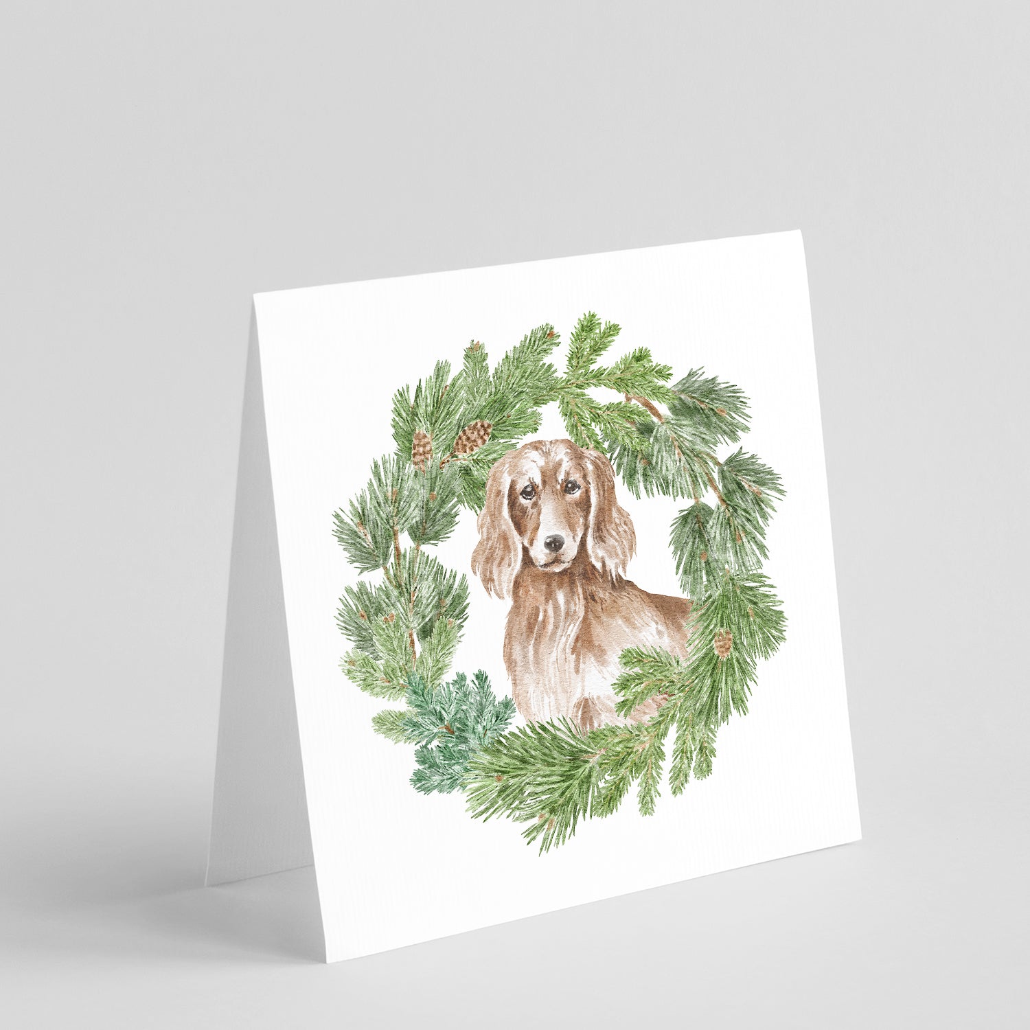 Buy this Dachshund Red Longhaired with Christmas Wreath Square Greeting Cards and Envelopes Pack of 8