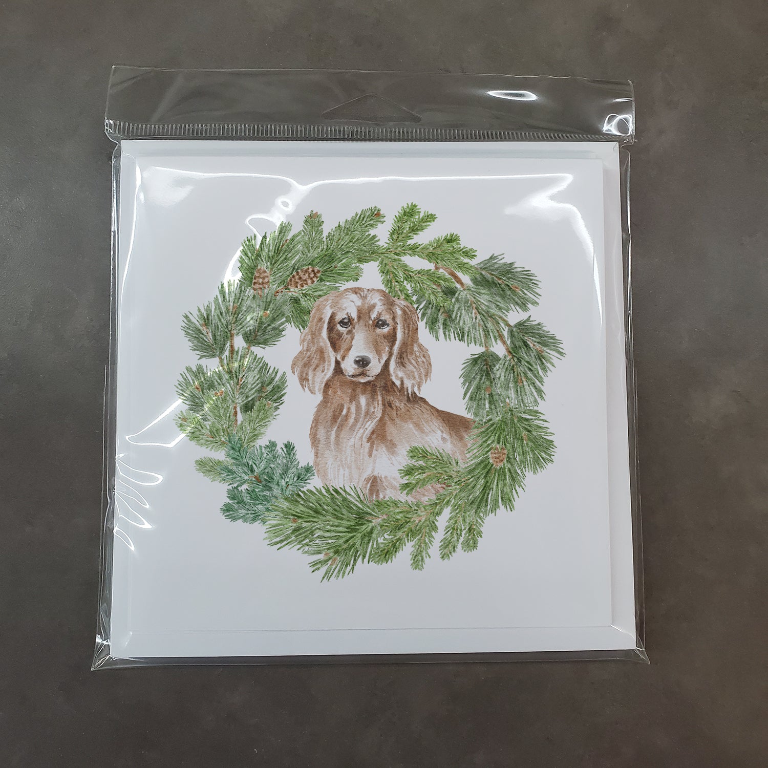 Dachshund Red Longhaired with Christmas Wreath Square Greeting Cards and Envelopes Pack of 8 - the-store.com