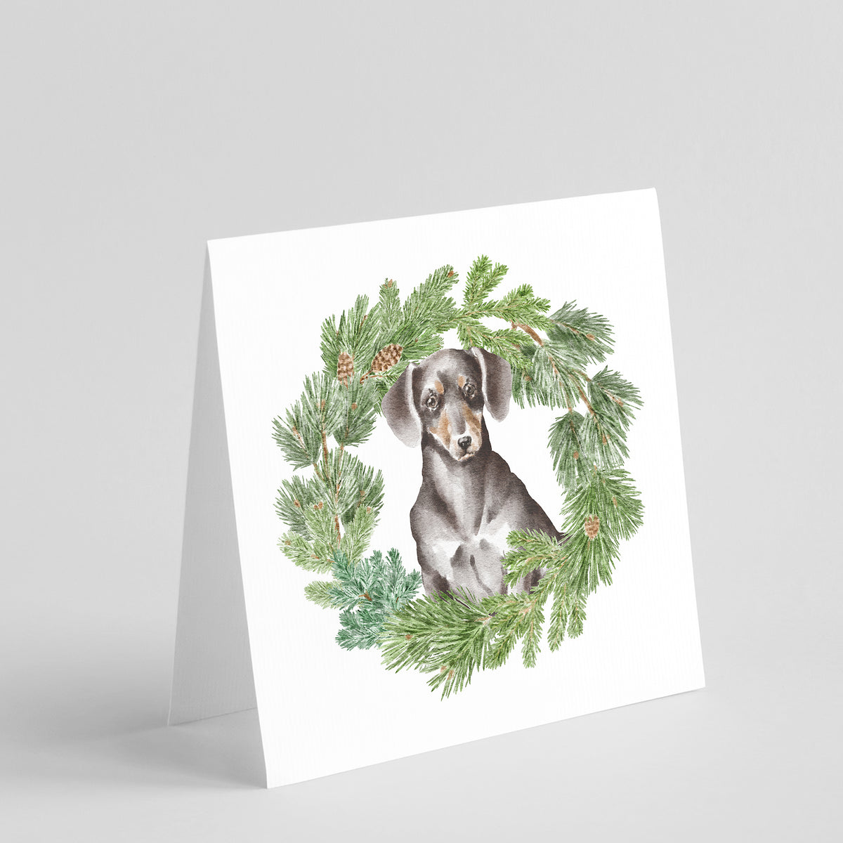 Buy this Dachshund Black and Tan with Christmas Wreath Square Greeting Cards and Envelopes Pack of 8