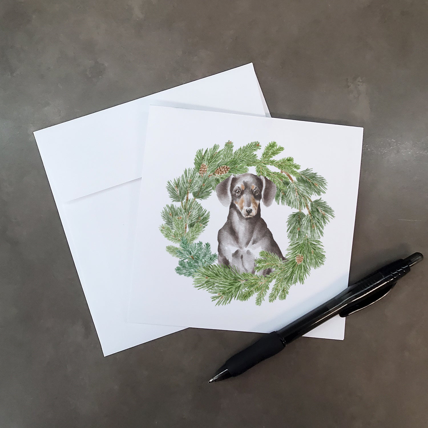 Buy this Dachshund Black and Tan with Christmas Wreath Square Greeting Cards and Envelopes Pack of 8