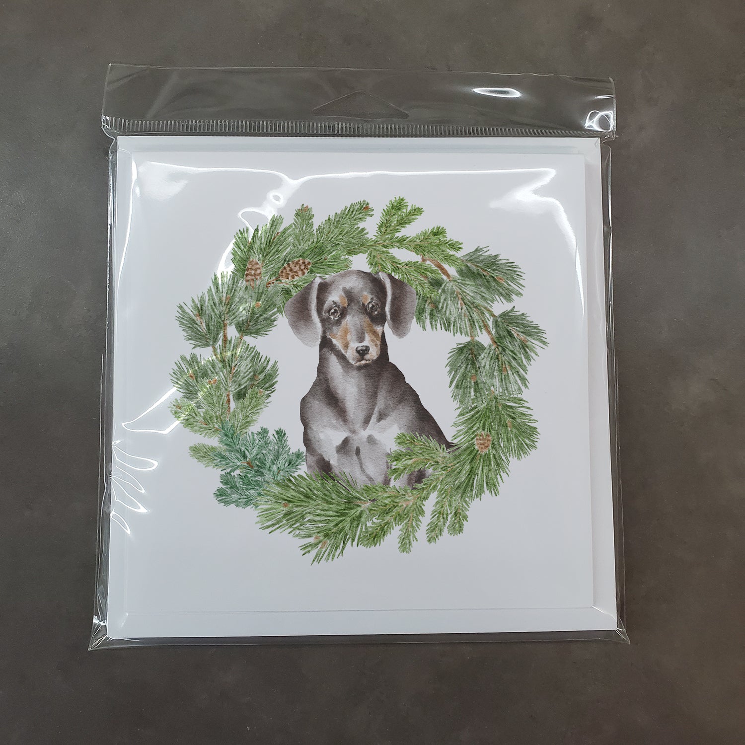 Dachshund Black and Tan with Christmas Wreath Square Greeting Cards and Envelopes Pack of 8 - the-store.com