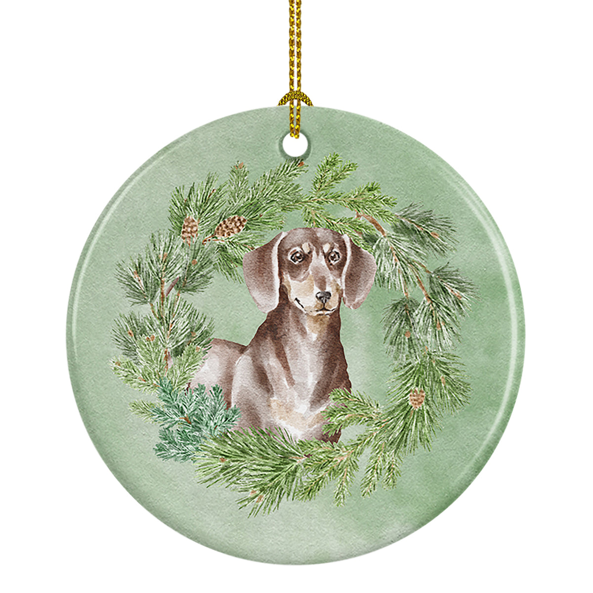 Buy this Dachshund Chocolate and Tan Christmas Wreath Ceramic Ornament
