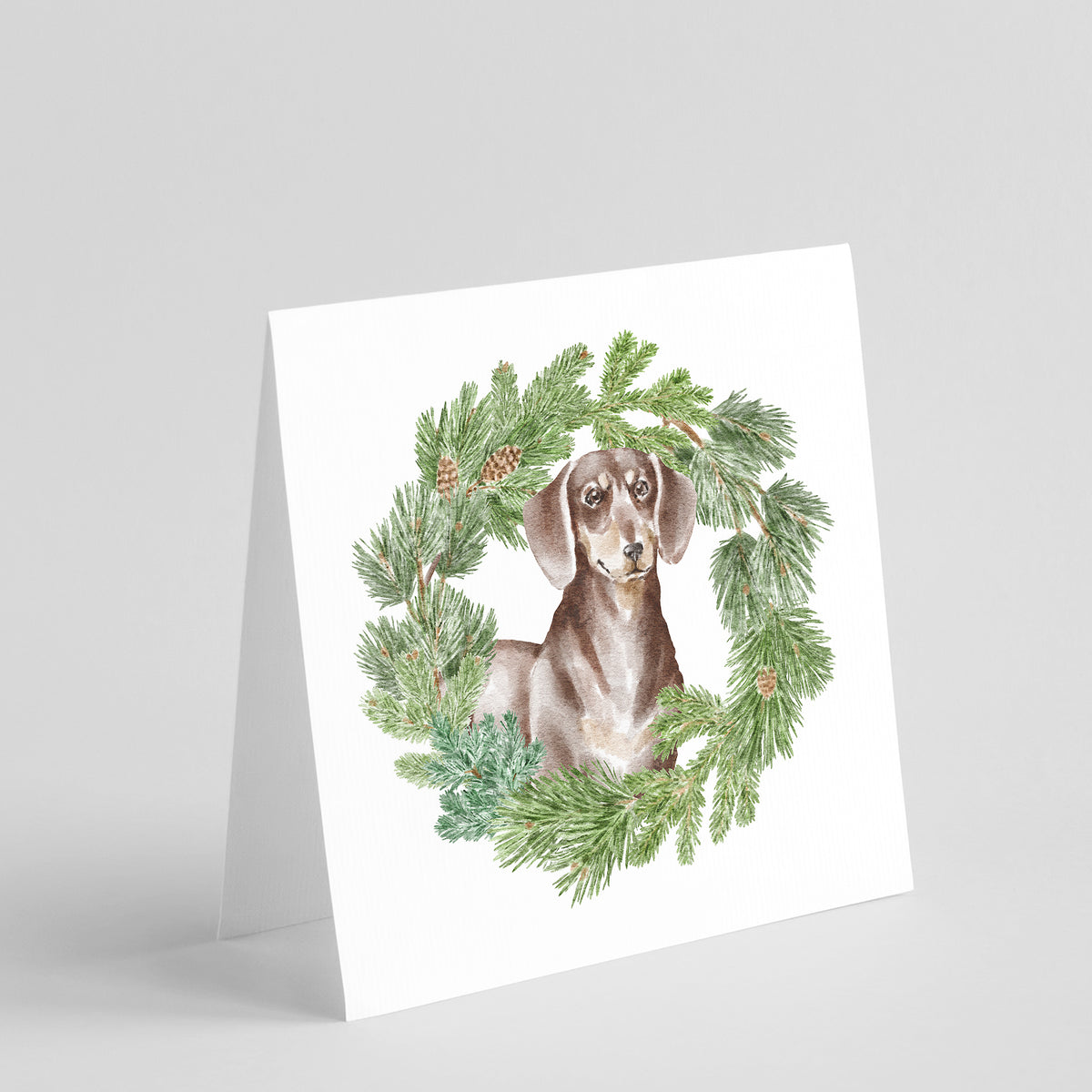 Buy this Dachshund Chocolate and Tan with Christmas Wreath Square Greeting Cards and Envelopes Pack of 8