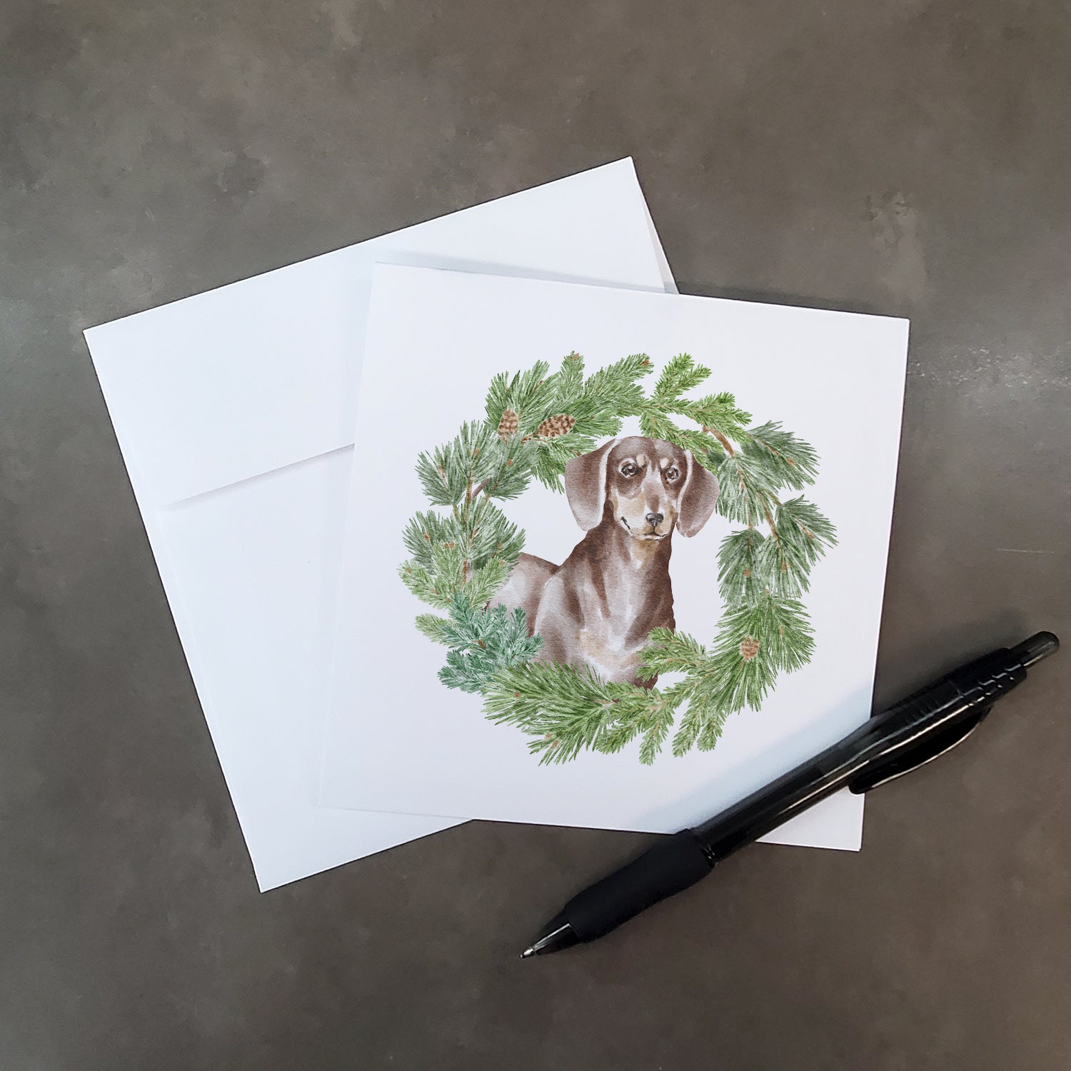 Buy this Dachshund Chocolate and Tan with Christmas Wreath Square Greeting Cards and Envelopes Pack of 8