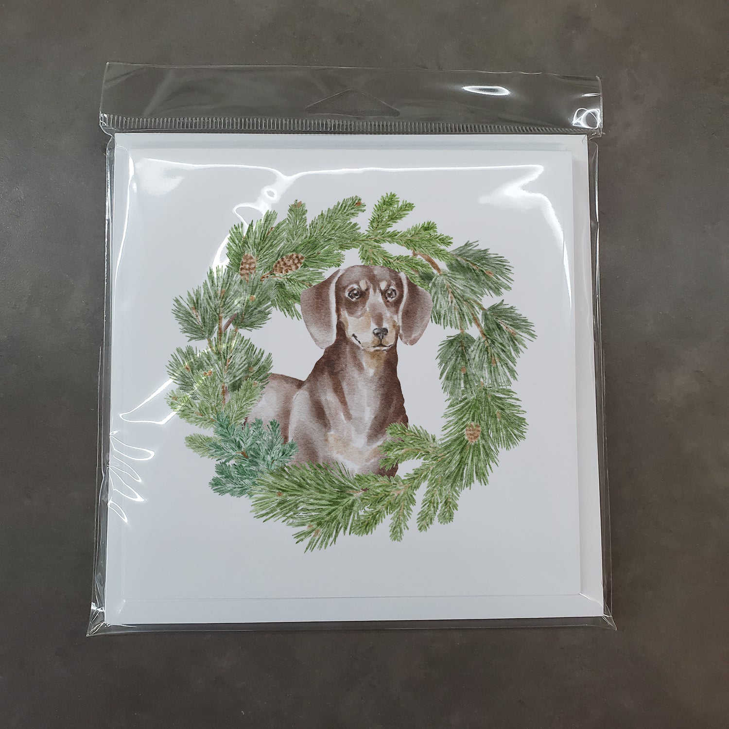 Dachshund Chocolate and Tan with Christmas Wreath Square Greeting Cards and Envelopes Pack of 8 - the-store.com