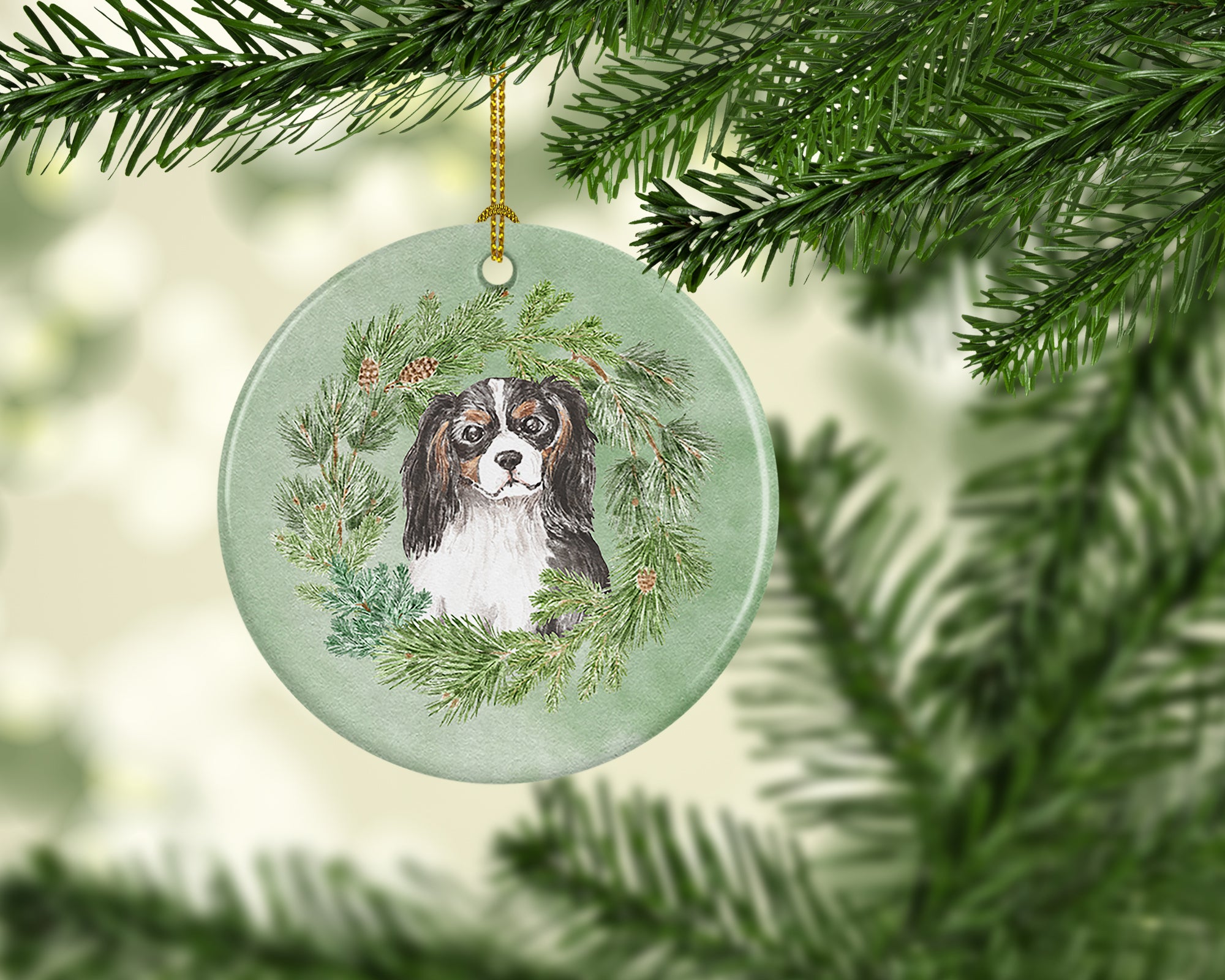 Buy this Cavalier Spaniel Tricolor Head Tilt Christmas Wreath Ceramic Ornament