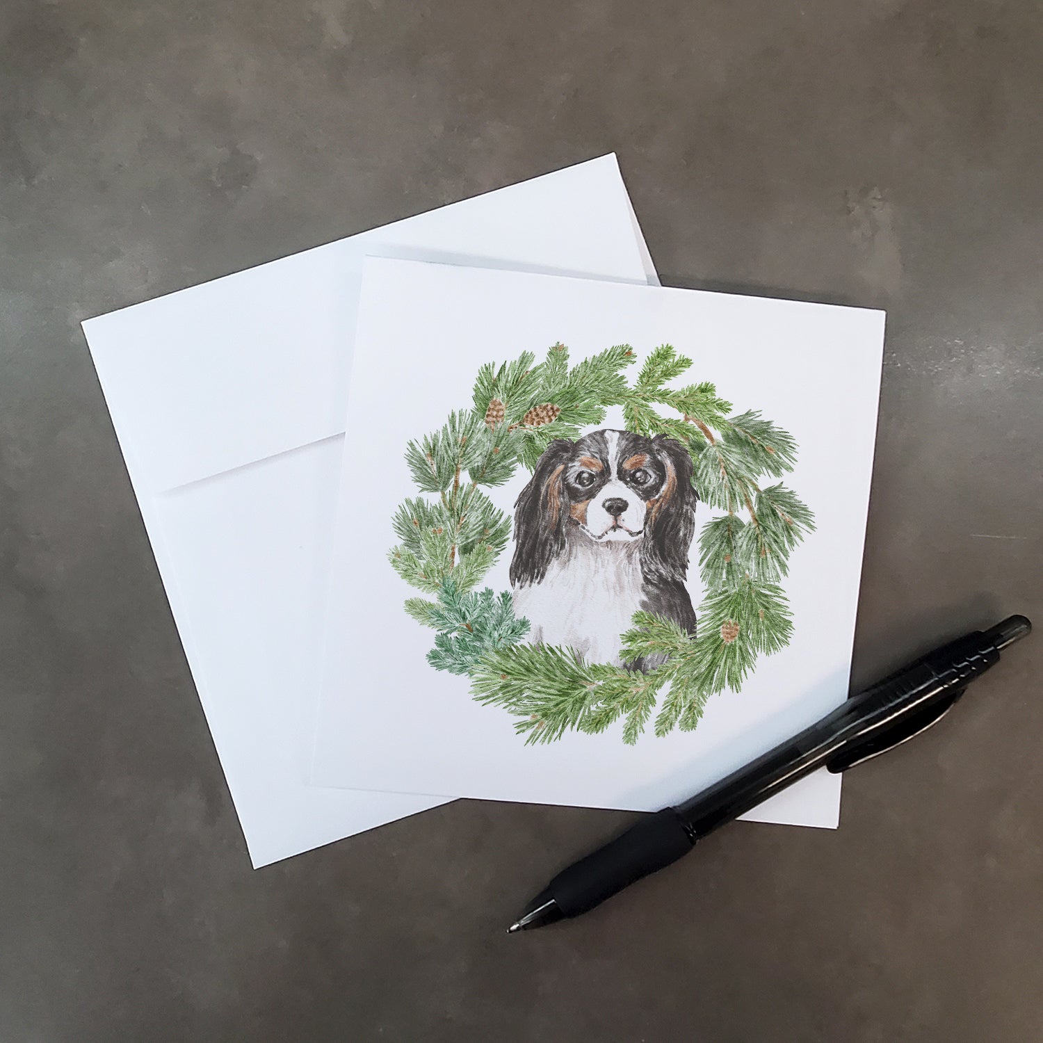 Buy this Cavalier King Charles Spaniel Tricolor Head Tilt with Christmas Wreath Square Greeting Cards and Envelopes Pack of 8