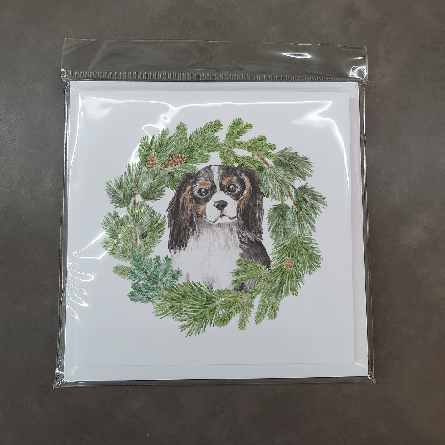 Cavalier King Charles Spaniel Tricolor Head Tilt with Christmas Wreath Square Greeting Cards and Envelopes Pack of 8 - the-store.com