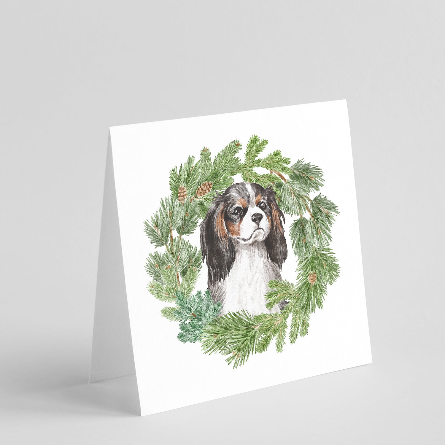 Buy this Cavalier King Charles Spaniel Tricolor with Christmas Wreath Square Greeting Cards and Envelopes Pack of 8