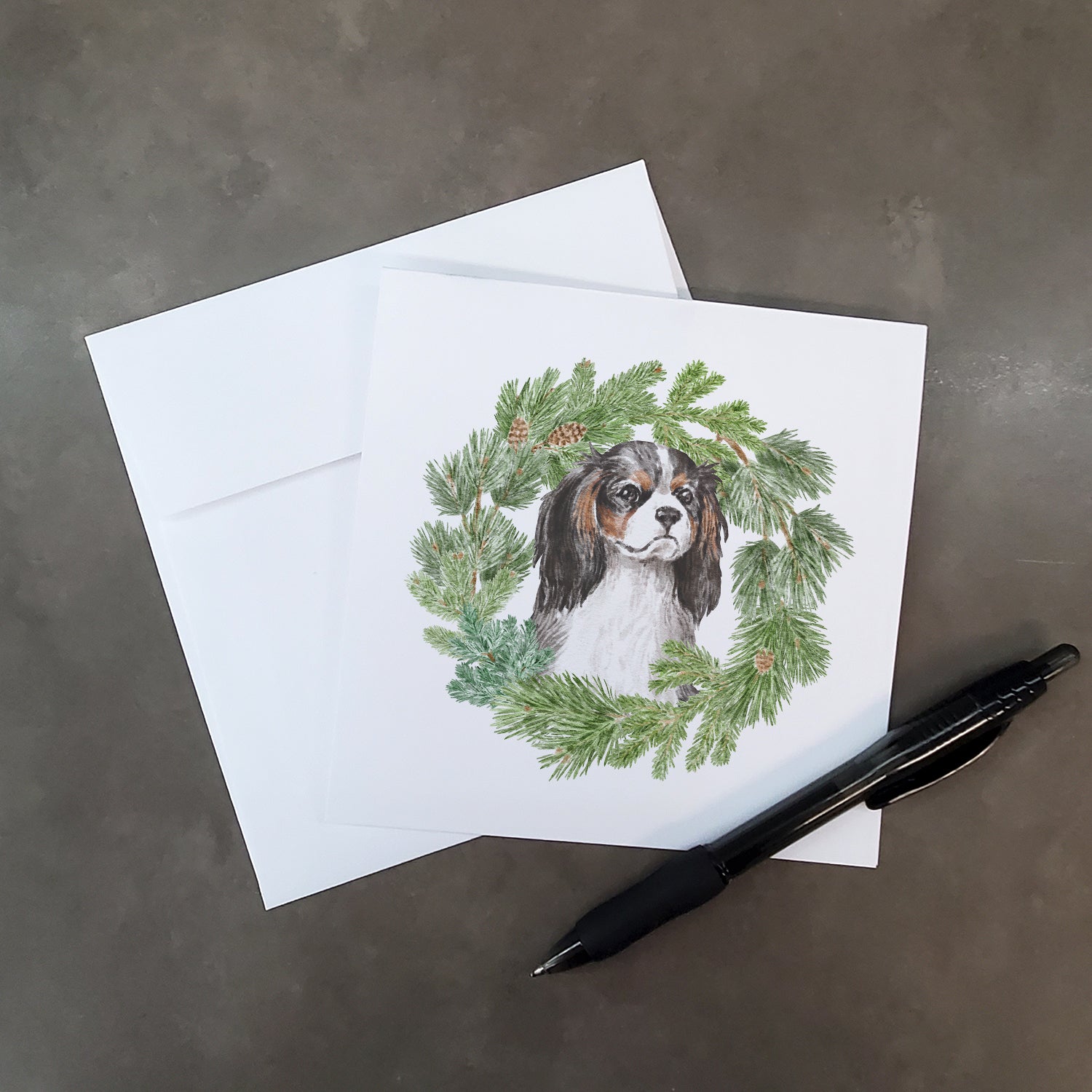 Buy this Cavalier King Charles Spaniel Tricolor with Christmas Wreath Square Greeting Cards and Envelopes Pack of 8