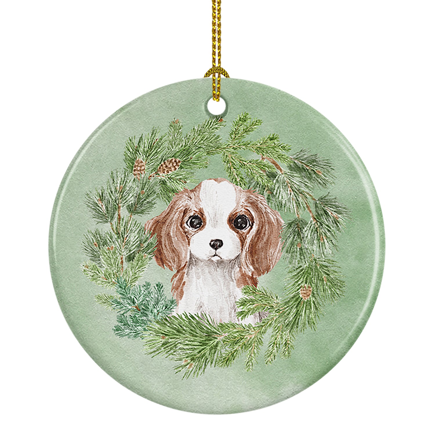 Buy this Cavalier Spaniel Puppy Blenheim Christmas Wreath Ceramic Ornament