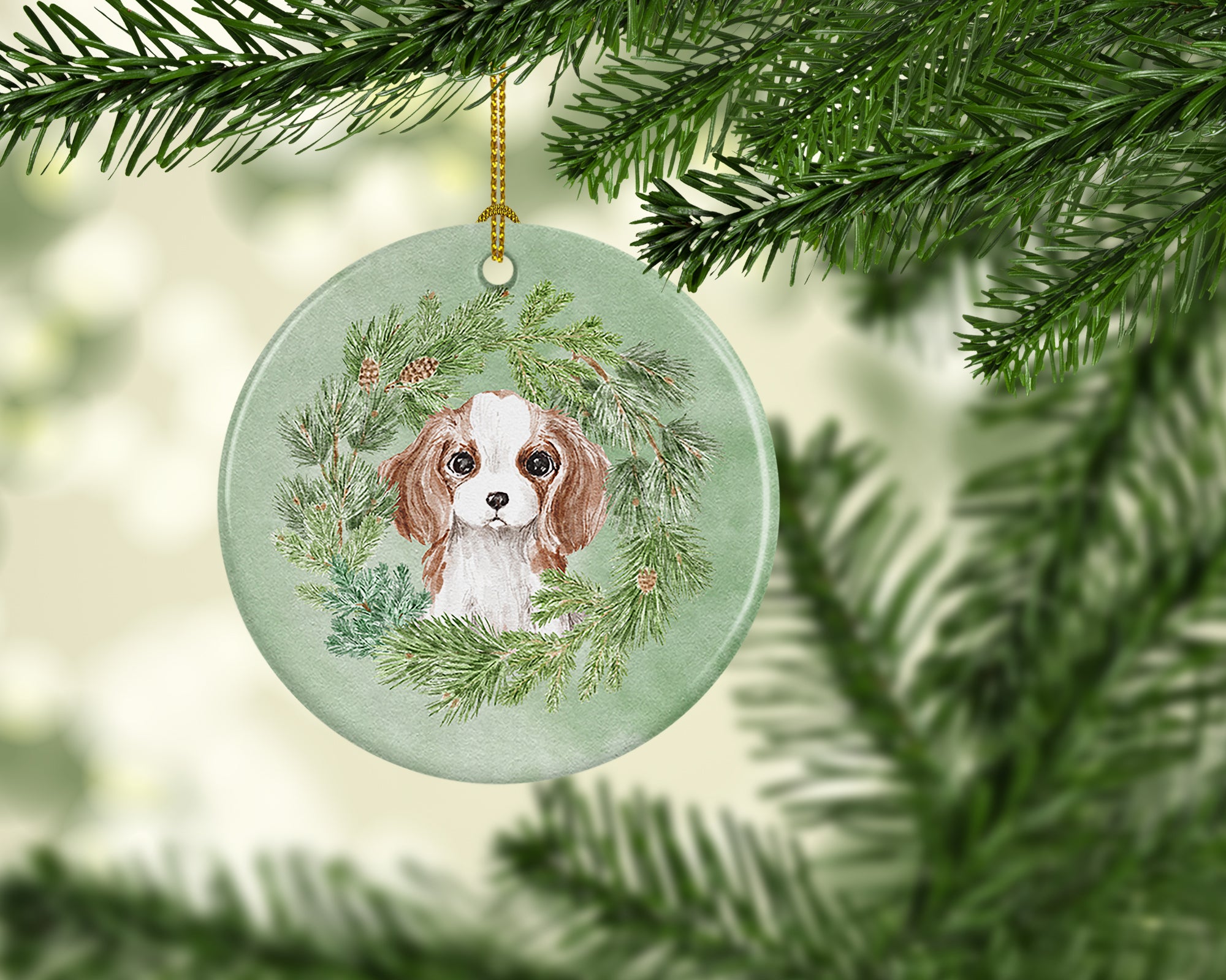 Buy this Cavalier Spaniel Puppy Blenheim Christmas Wreath Ceramic Ornament