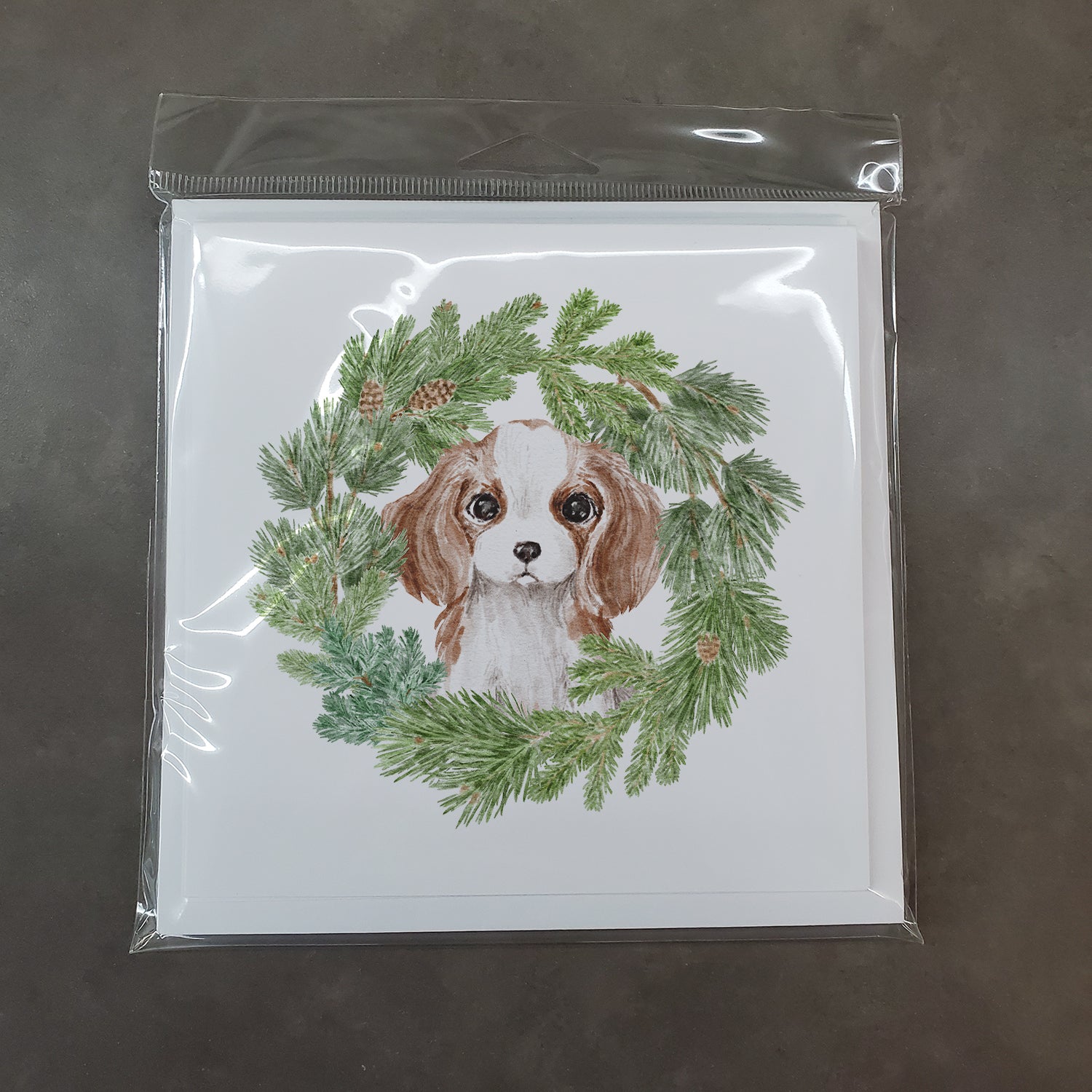 Cavalier King Charles Spaniel Puppy Blenheim with Christmas Wreath Square Greeting Cards and Envelopes Pack of 8 - the-store.com