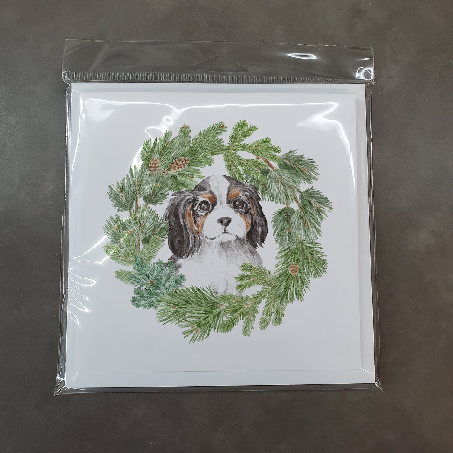 Cavalier King Charles Spaniel Puppy Tricolor with Christmas Wreath Square Greeting Cards and Envelopes Pack of 8 - the-store.com