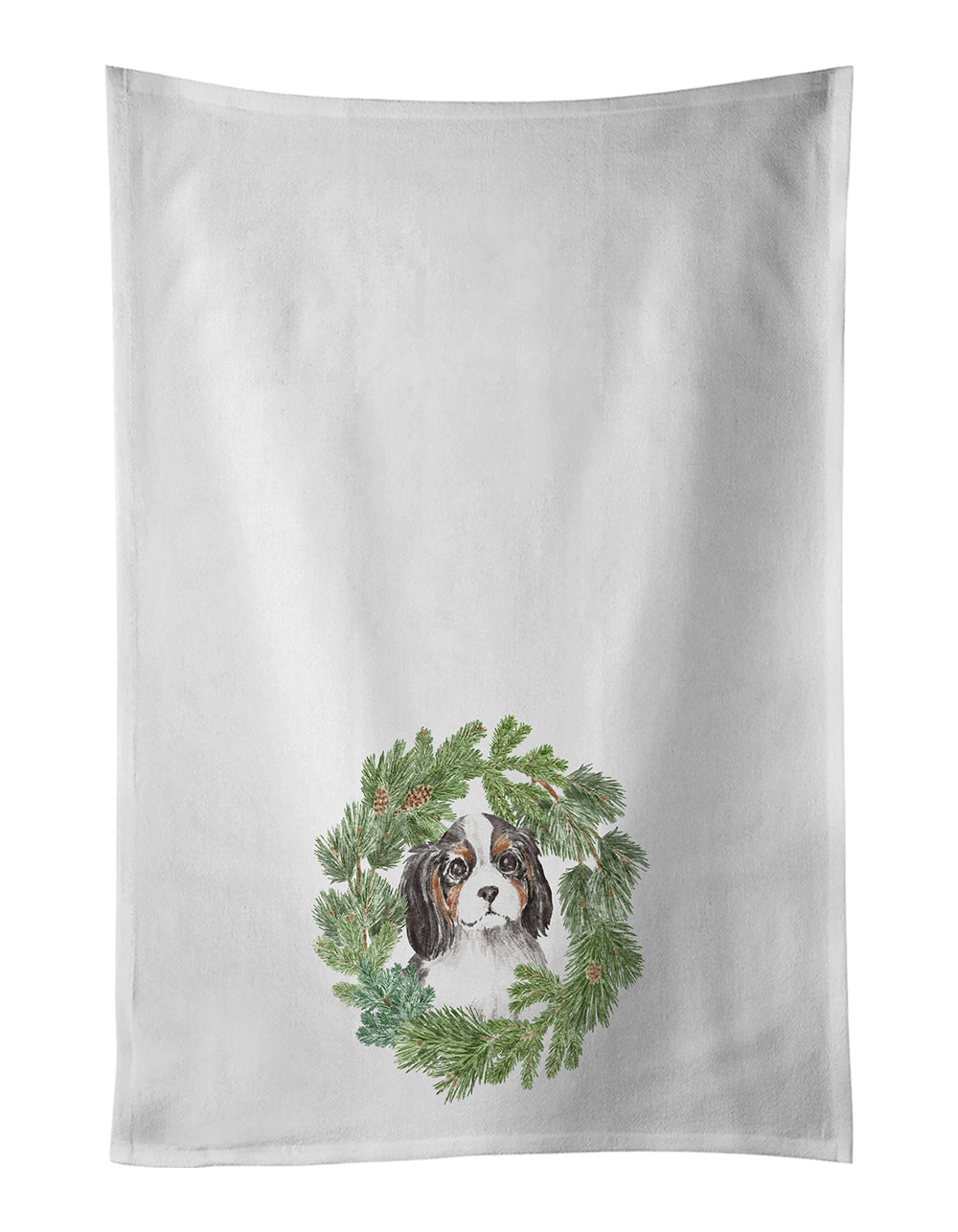 Buy this Cavalier Spaniel Puppy Tricolor Christmas Wreath White Kitchen Towel Set of 2