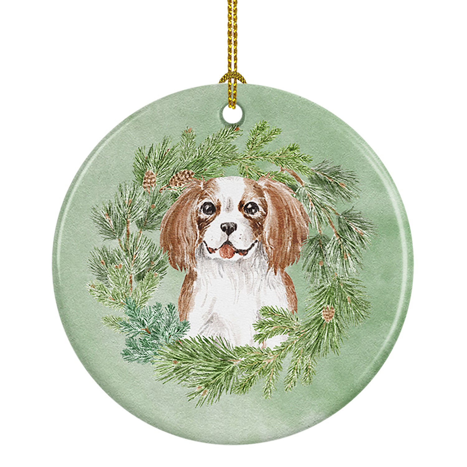 Buy this Cavalier Spaniel Blenheim Puppy Smiling Christmas Wreath Ceramic Ornament
