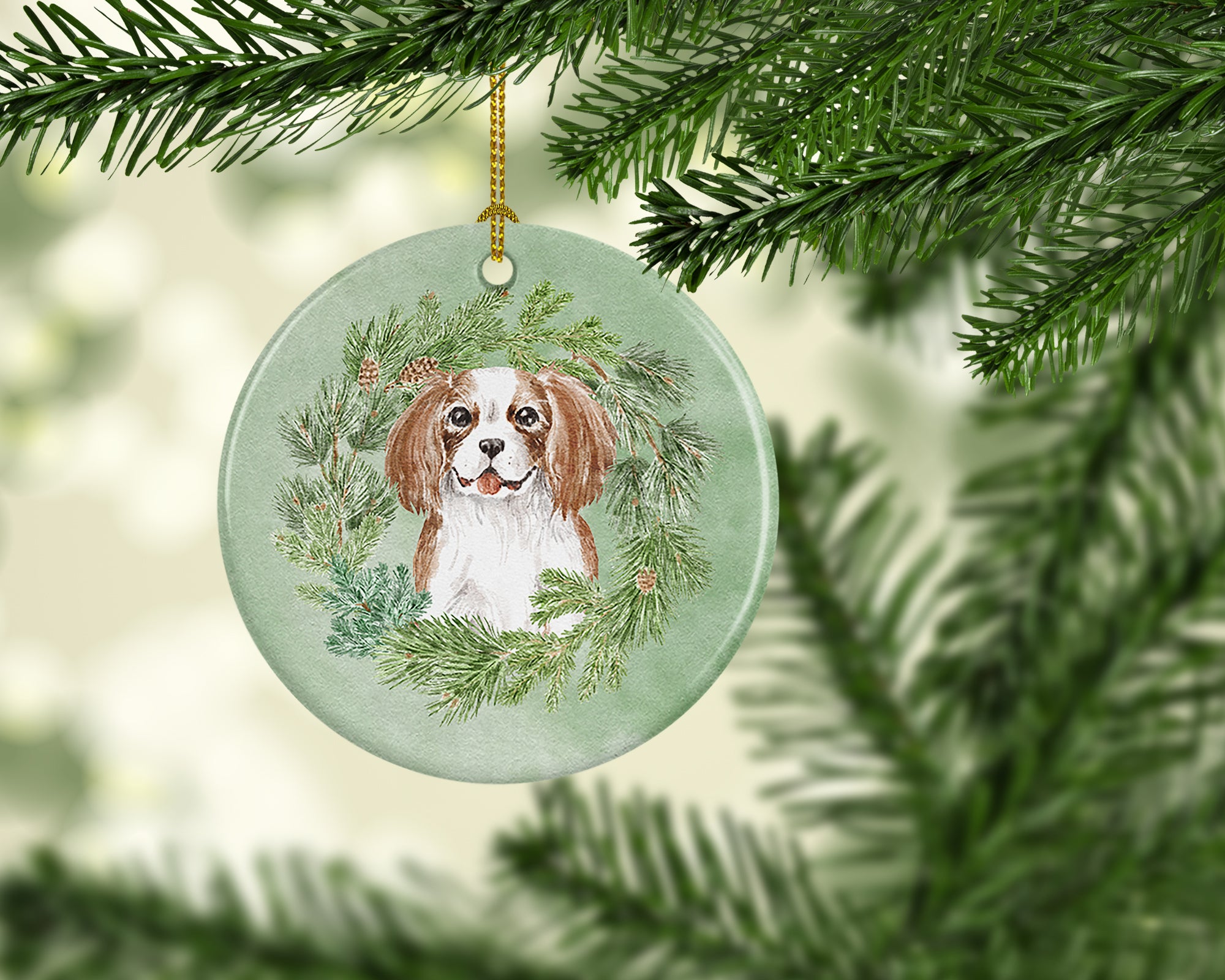 Cavalier Spaniel Blenheim Puppy Smiling Christmas Wreath Ceramic Ornament - the-store.com