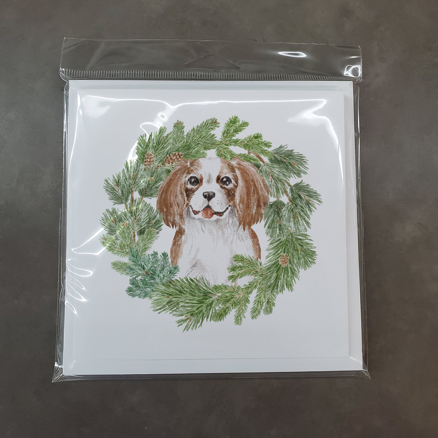 Cavalier King Charles Spaniel Blenheim Puppy Smiling with Christmas Wreath Square Greeting Cards and Envelopes Pack of 8 - the-store.com