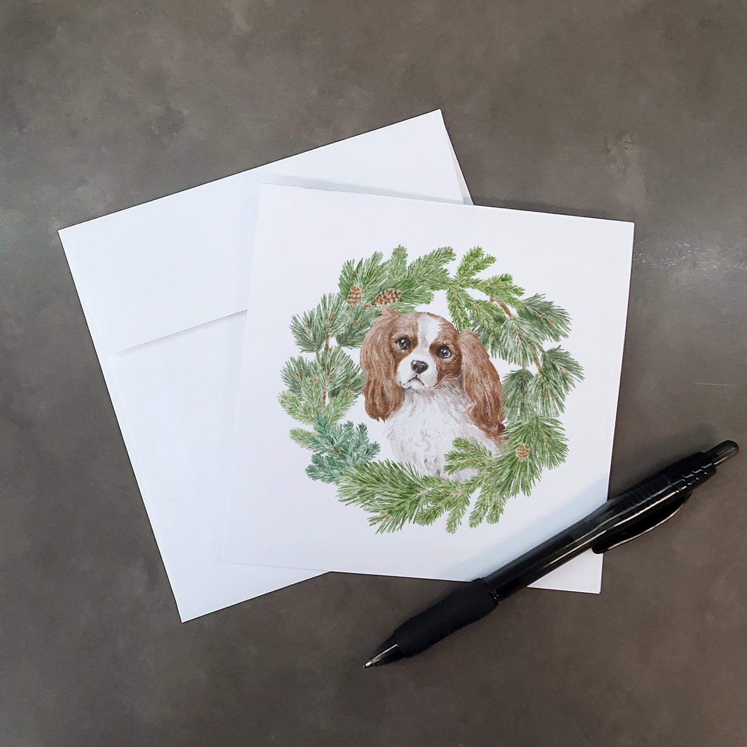 Buy this Cavalier King Charles Spaniel Blenheim with Christmas Wreath Square Greeting Cards and Envelopes Pack of 8