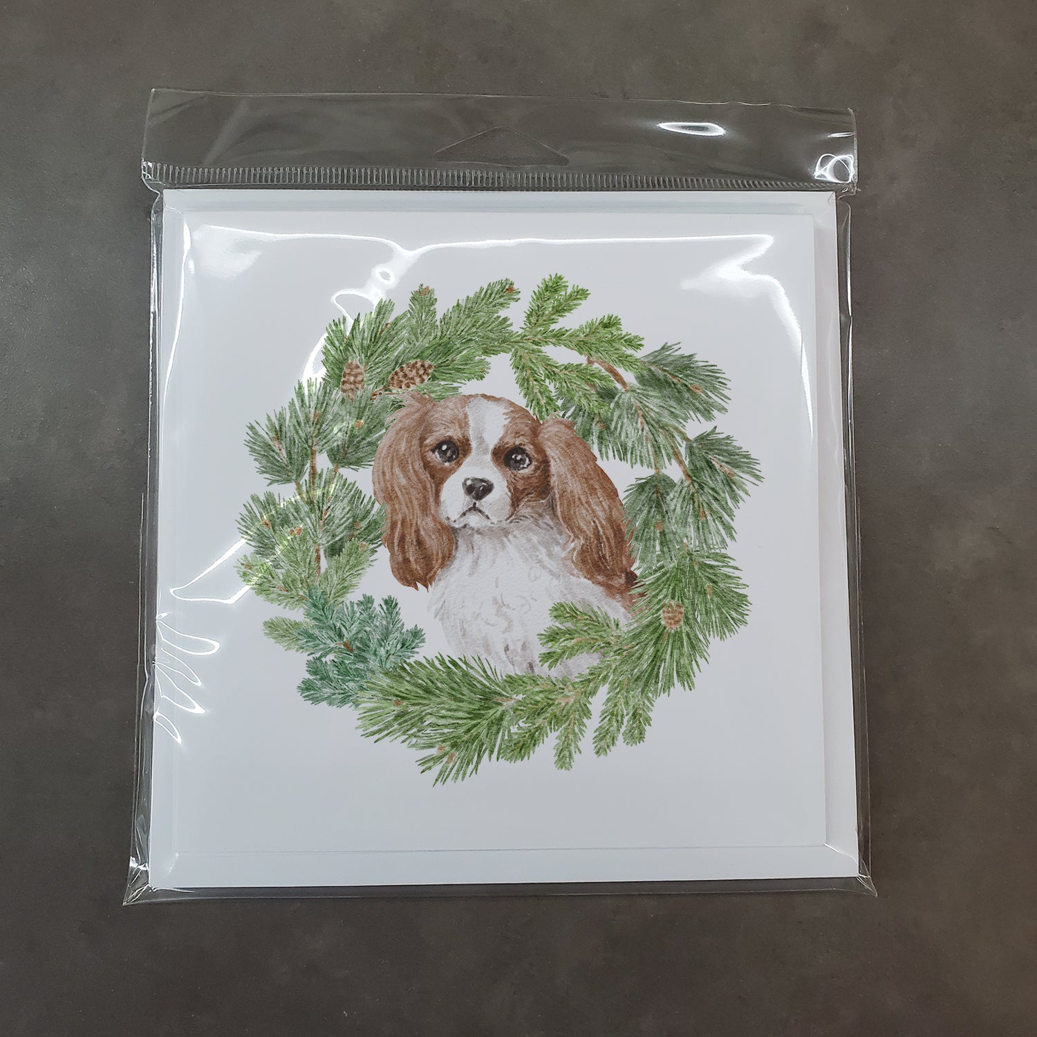 Cavalier King Charles Spaniel Blenheim with Christmas Wreath Square Greeting Cards and Envelopes Pack of 8 - the-store.com