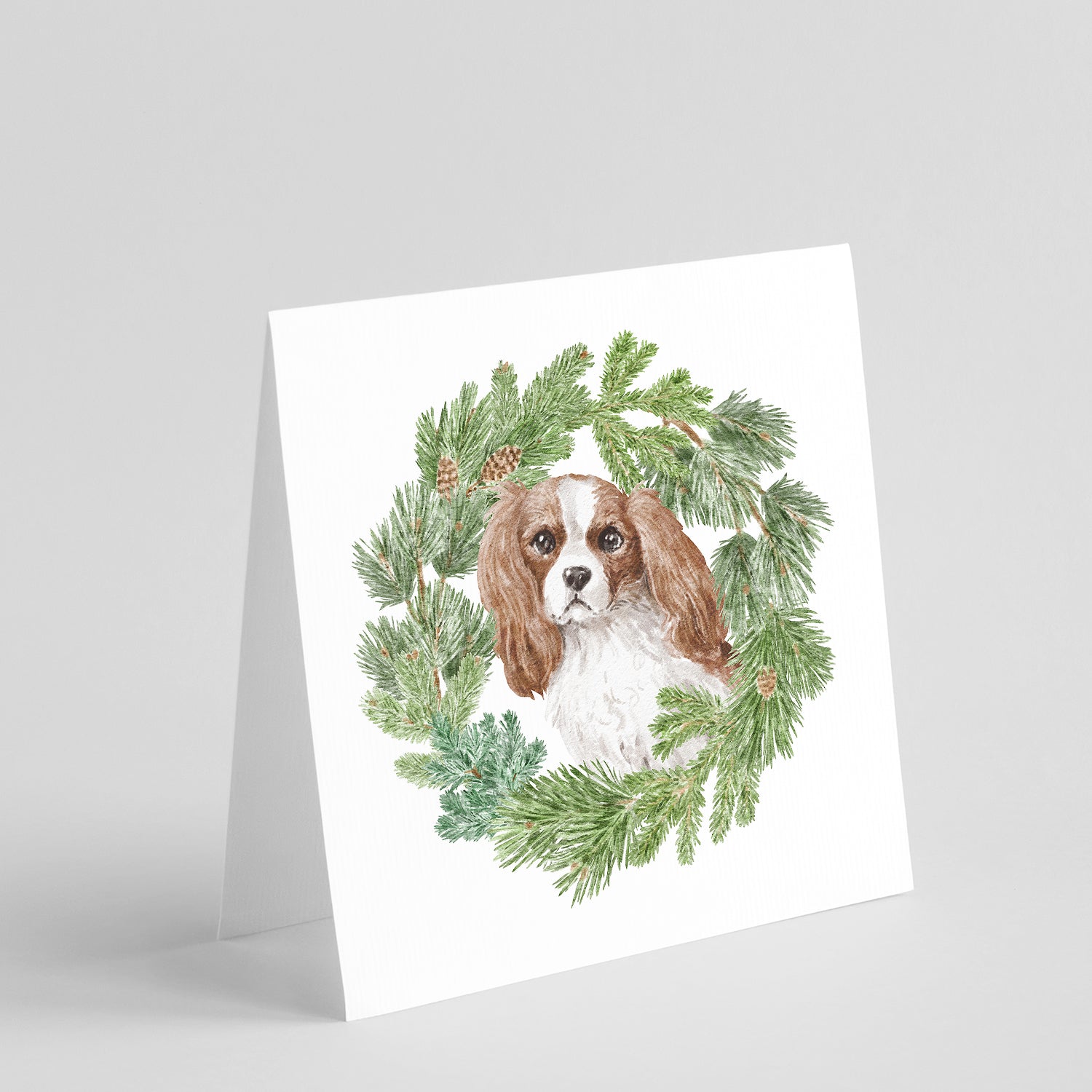 Buy this Cavalier King Charles Spaniel Blenheim with Christmas Wreath Square Greeting Cards and Envelopes Pack of 8