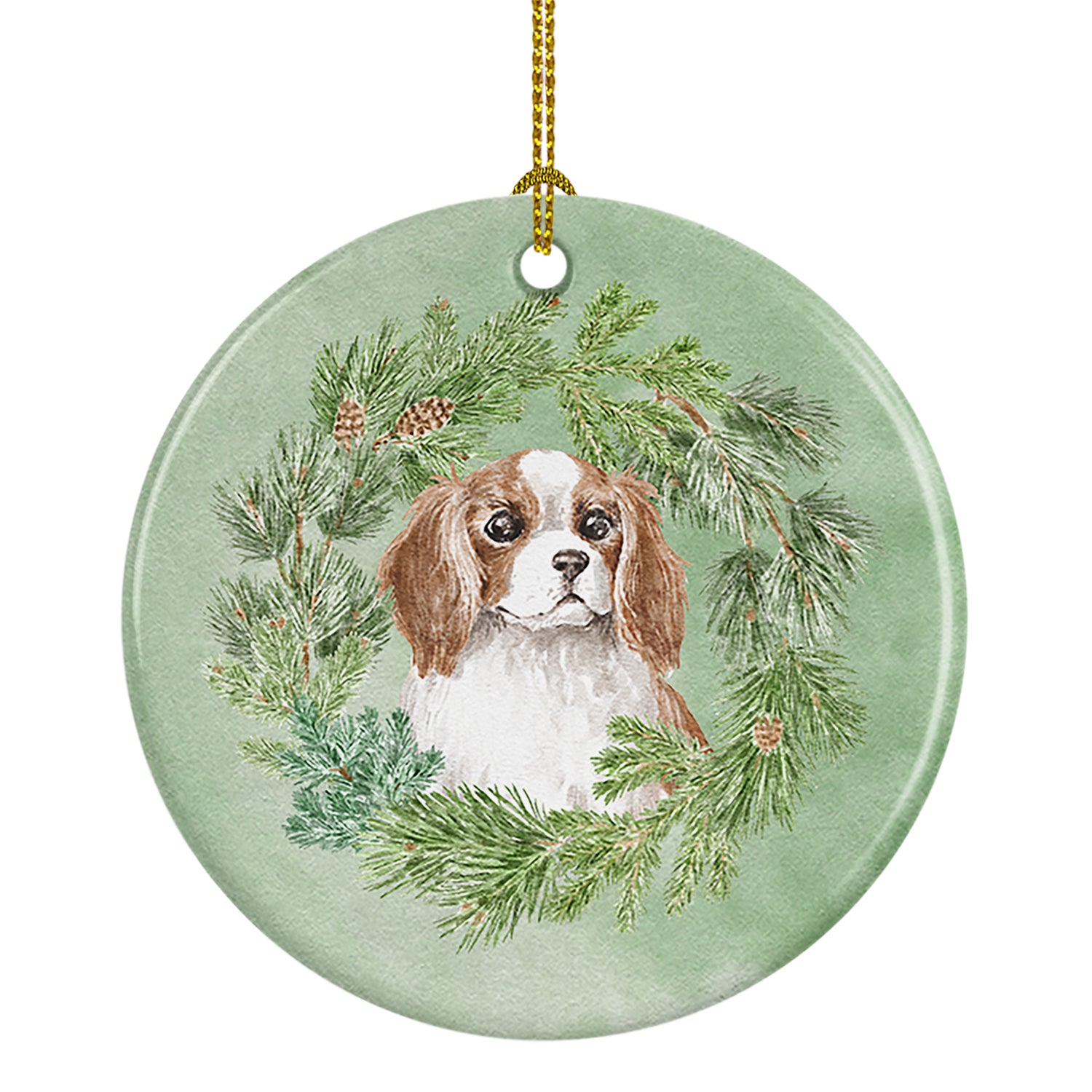 Buy this Cavalier Spaniel Blenheim Puppy Wide Eyed Christmas Wreath Ceramic Ornament