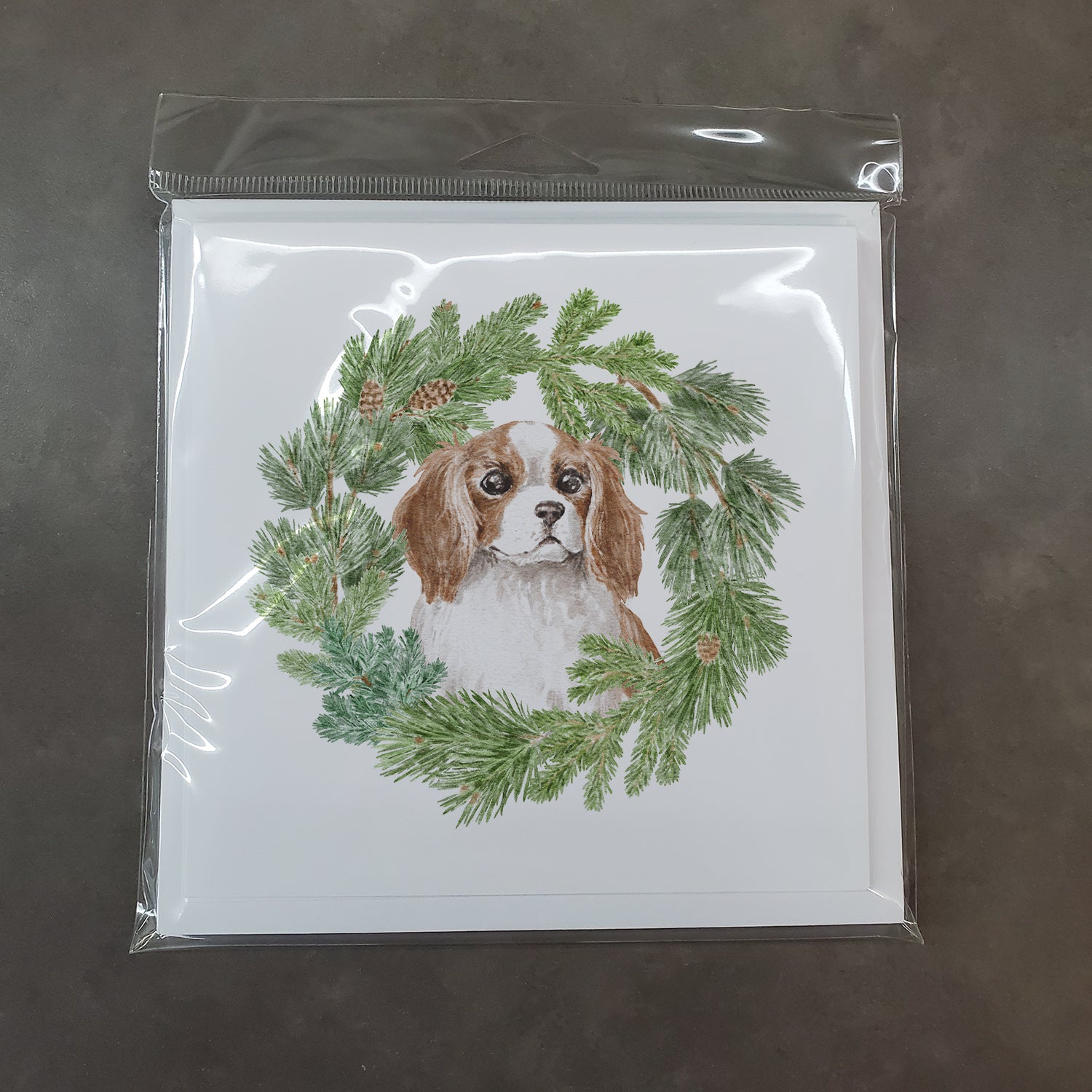 Cavalier King Charles Spaniel Blenheim Puppy Wide Eyed with Christmas Wreath Square Greeting Cards and Envelopes Pack of 8 - the-store.com