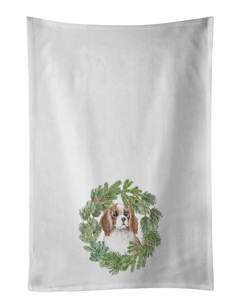 Buy this Cavalier Spaniel Blenheim Puppy Wide Eyed Christmas Wreath White Kitchen Towel Set of 2