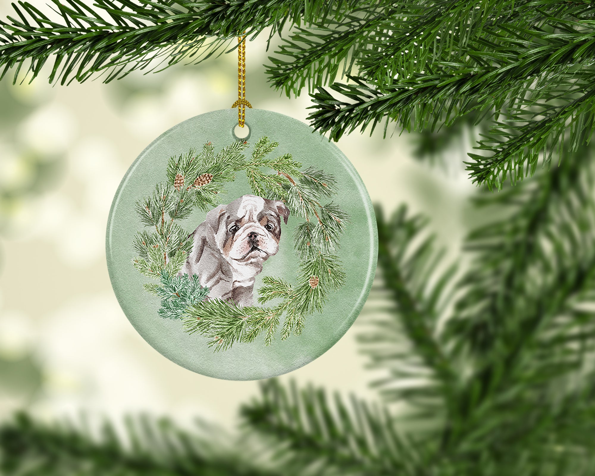 Buy this Bulldog Lilac Puppy Christmas Wreath Ceramic Ornament