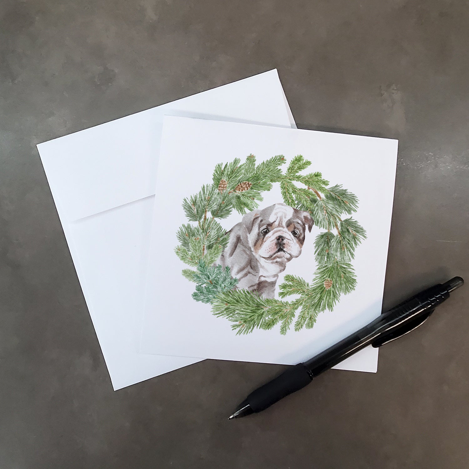 Bulldog Lilac Puppy with Christmas Wreath Square Greeting Cards and Envelopes Pack of 8 - the-store.com