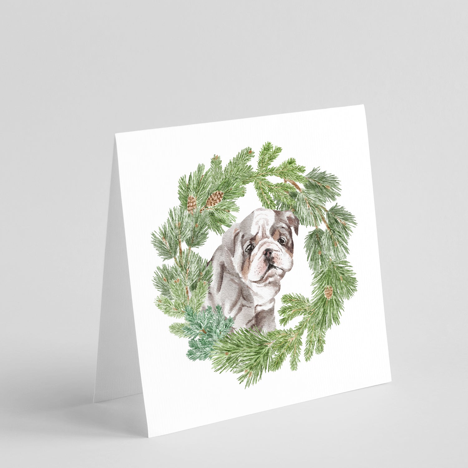Buy this Bulldog Lilac Puppy with Christmas Wreath Square Greeting Cards and Envelopes Pack of 8