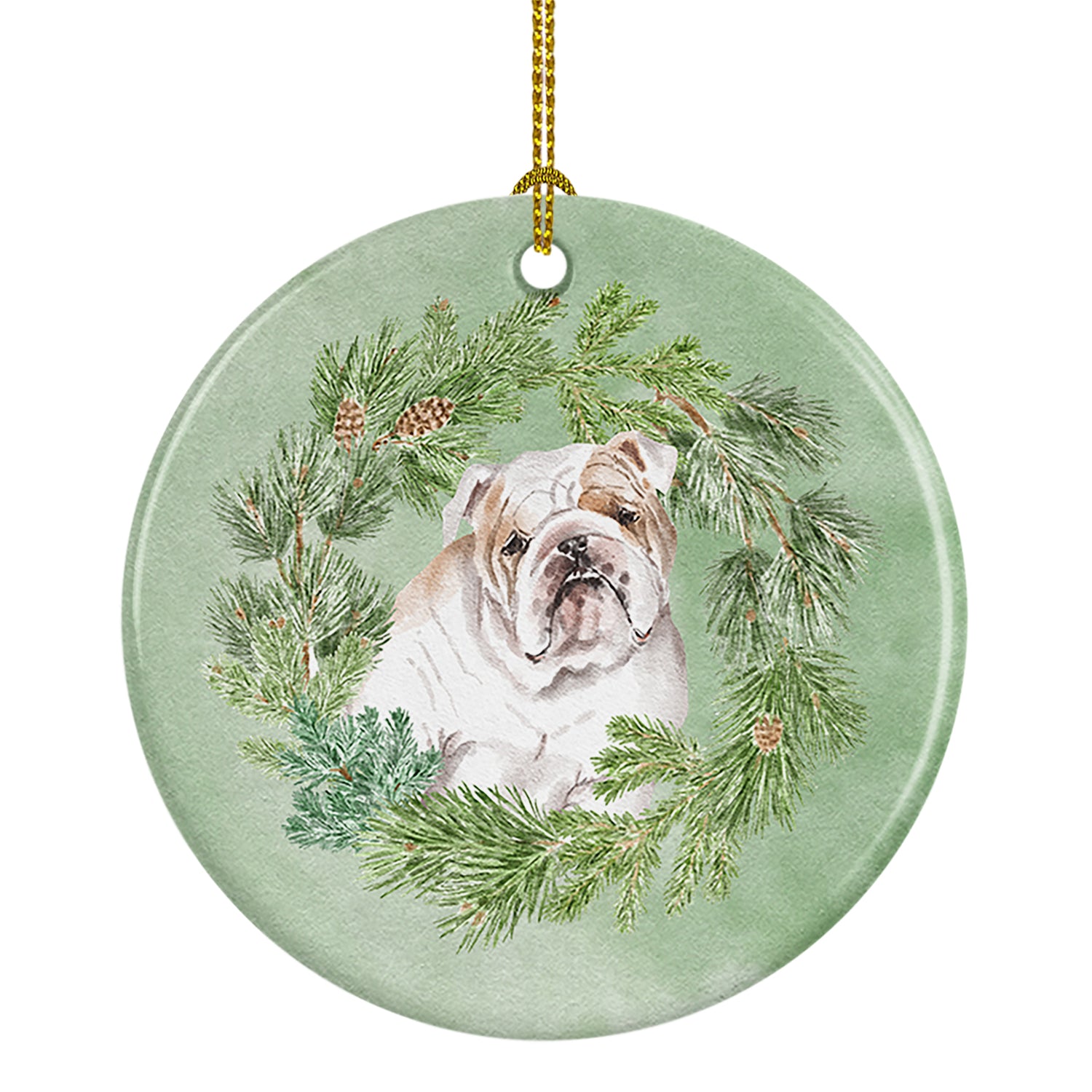 Buy this Bulldog Fawn Head Tilt Christmas Wreath Ceramic Ornament