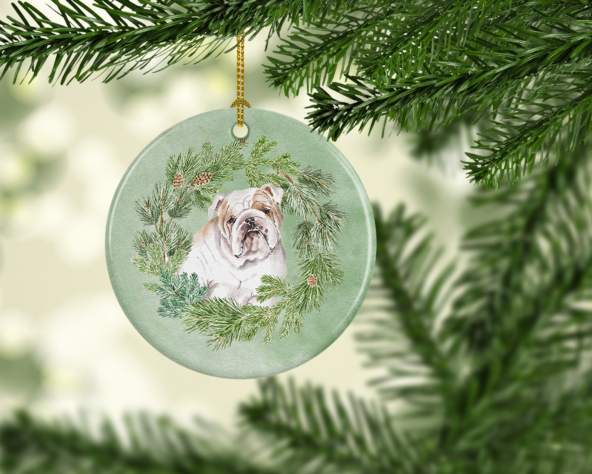 Buy this Bulldog Fawn Head Tilt Christmas Wreath Ceramic Ornament