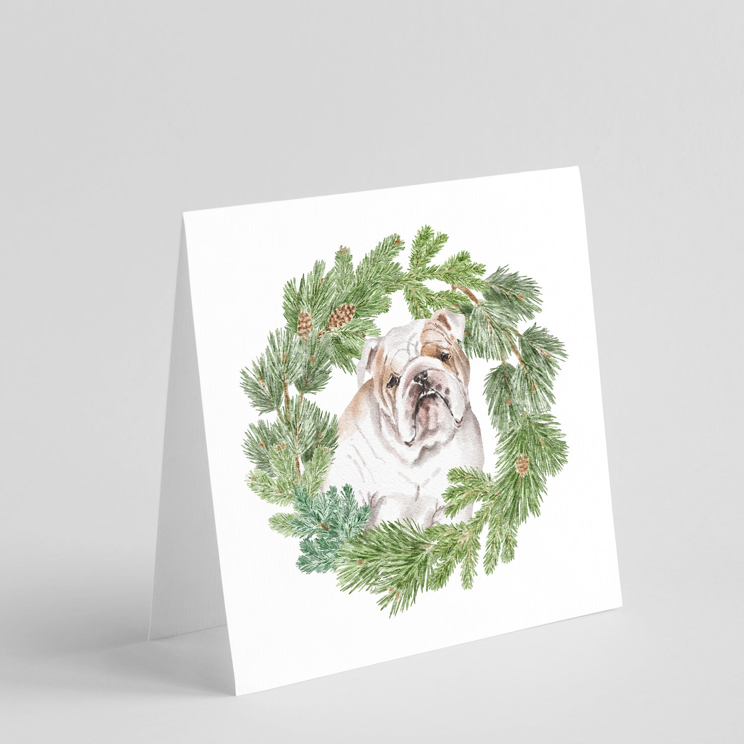 Buy this Bulldog Fawn Head Tilt with Christmas Wreath Square Greeting Cards and Envelopes Pack of 8