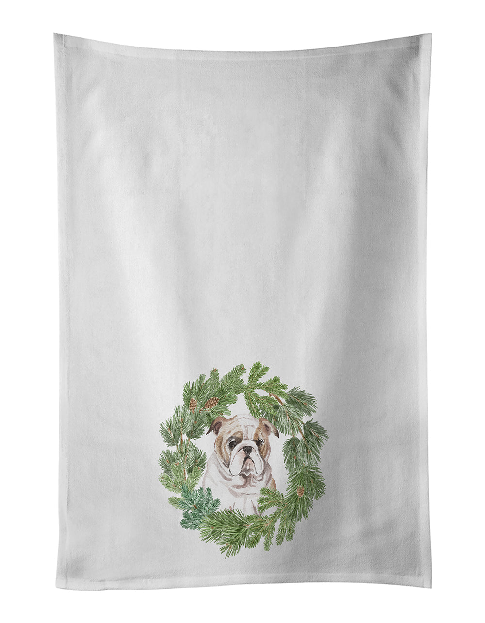 Buy this Bulldog Puppy Fawn Christmas Wreath White Kitchen Towel Set of 2