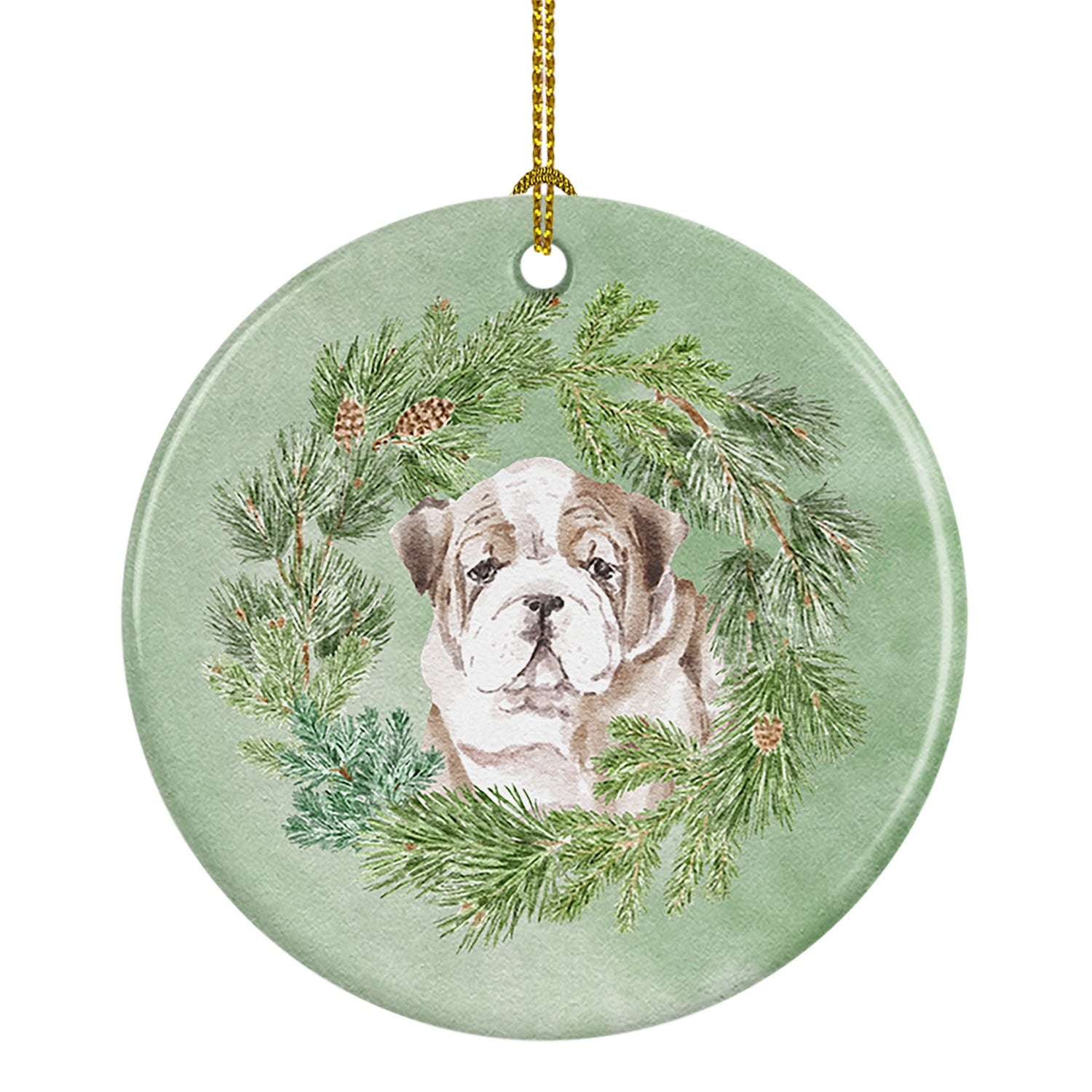 Buy this Bulldog Puppy Fawn Brindle Christmas Wreath Ceramic Ornament