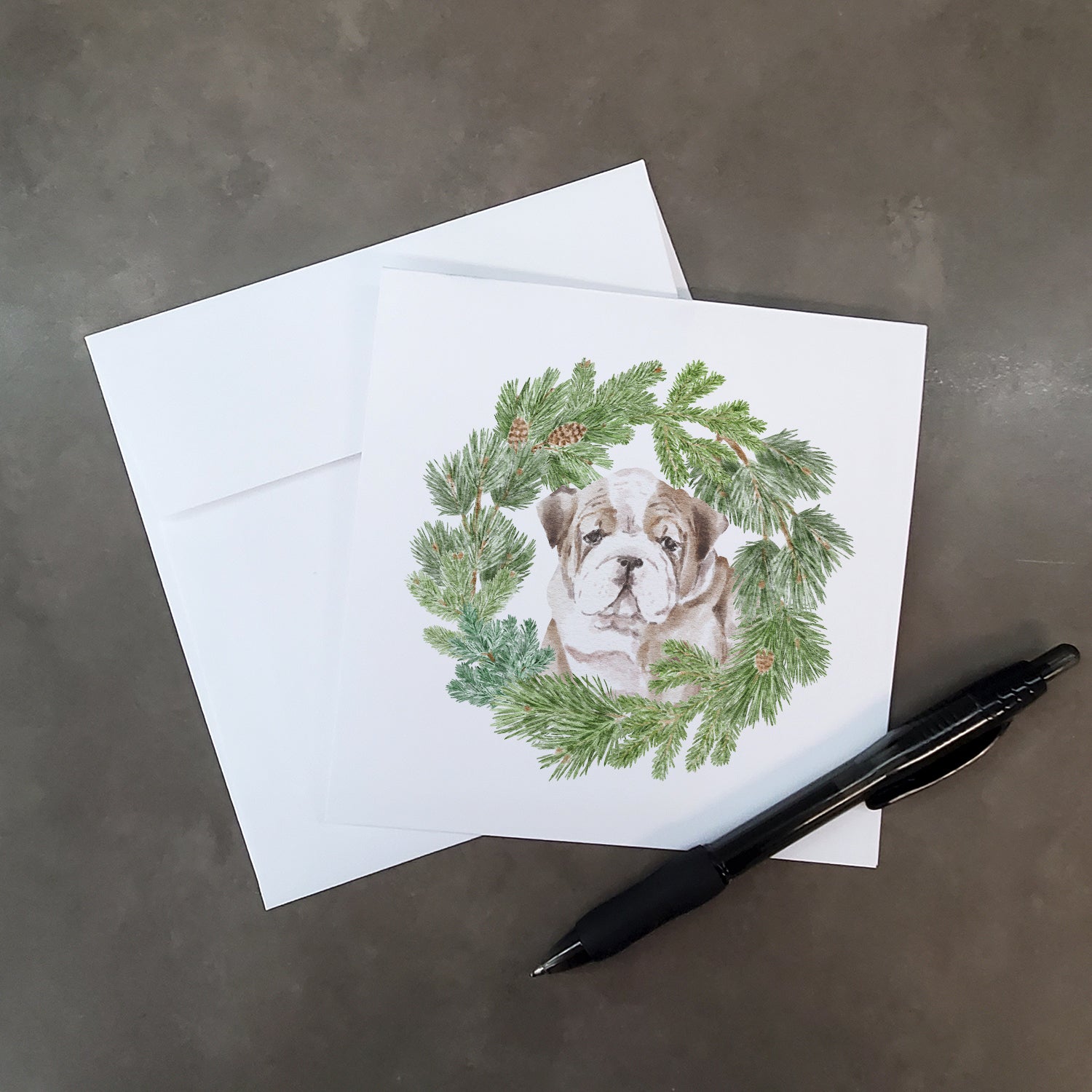Bulldog Puppy Fawn Brindle with Christmas Wreath Square Greeting Cards and Envelopes Pack of 8 - the-store.com