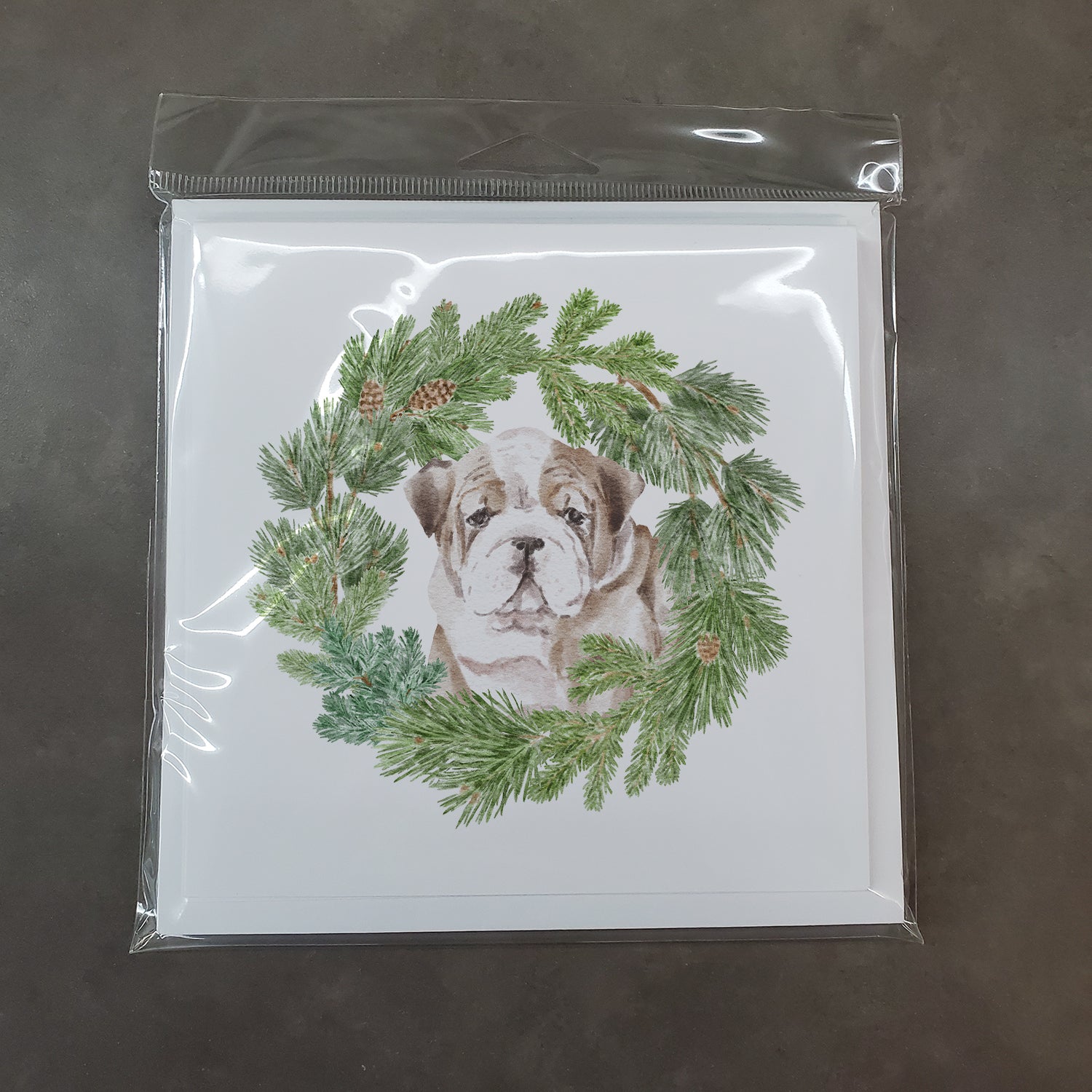 Bulldog Puppy Fawn Brindle with Christmas Wreath Square Greeting Cards and Envelopes Pack of 8 - the-store.com