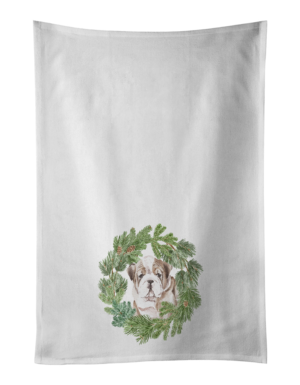 Buy this Bulldog Puppy Fawn Brindle Christmas Wreath White Kitchen Towel Set of 2