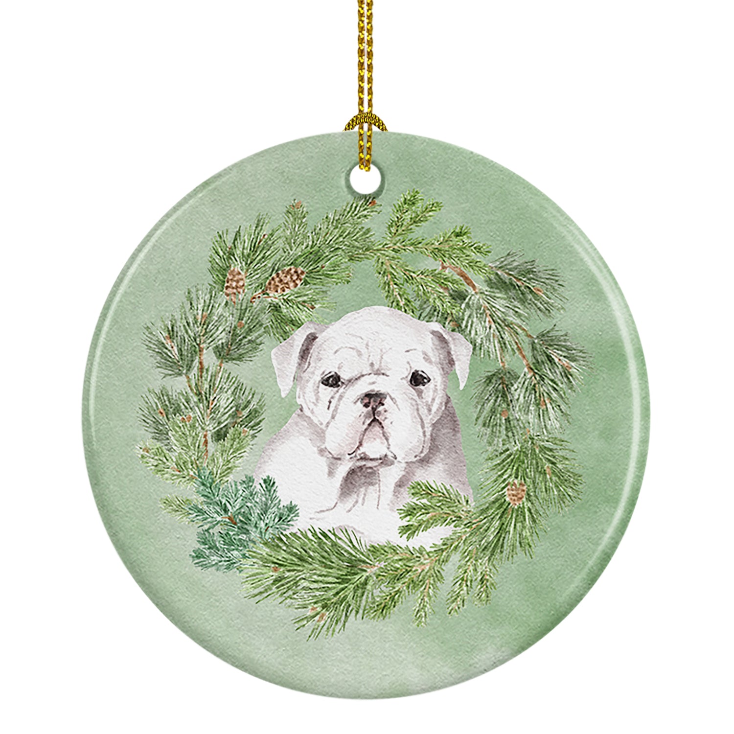 Buy this Bulldog Puppy White Christmas Wreath Ceramic Ornament